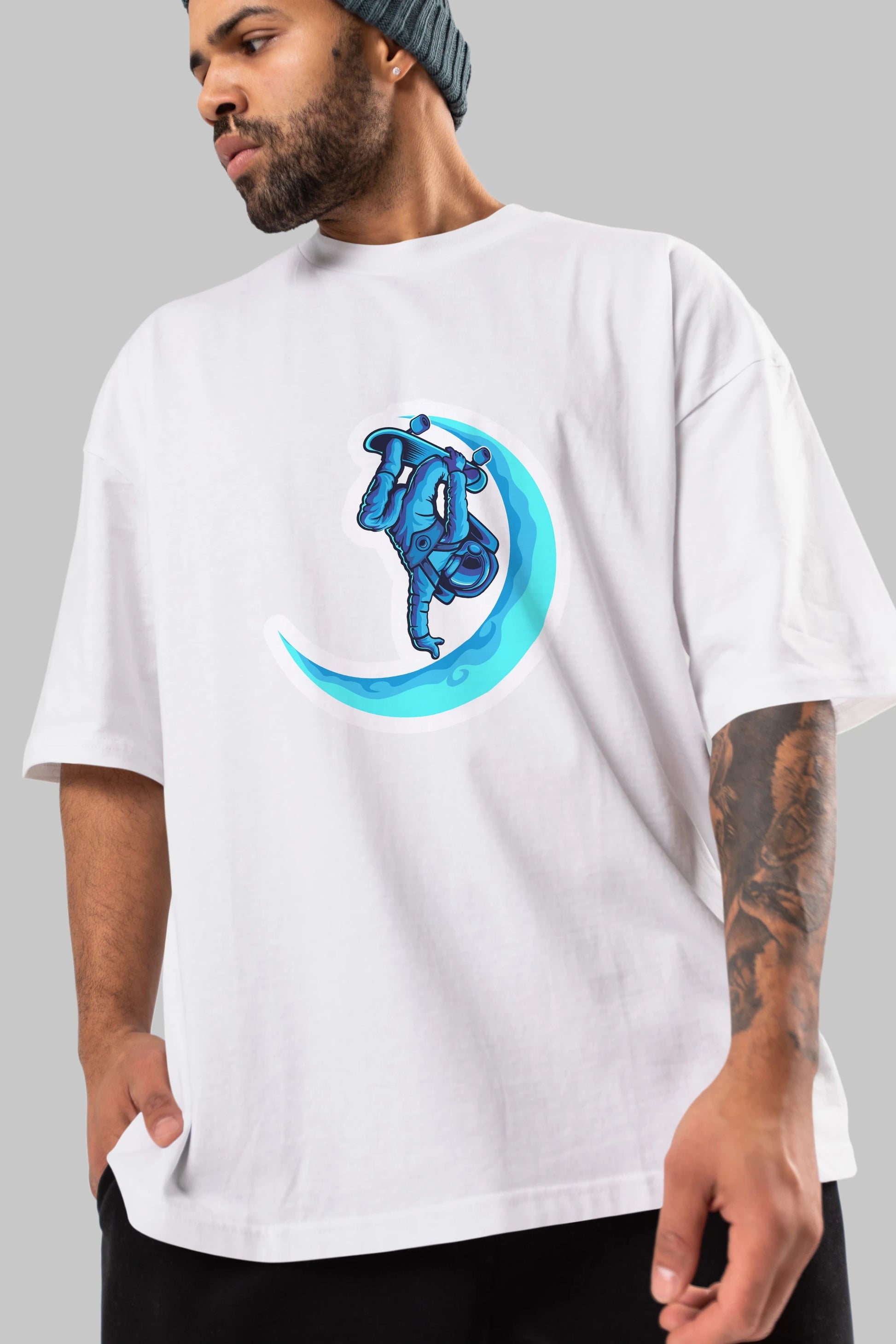 Skating on the moon sticker Ön Baskılı Oversize t-shirt Erkek Kadın Unisex