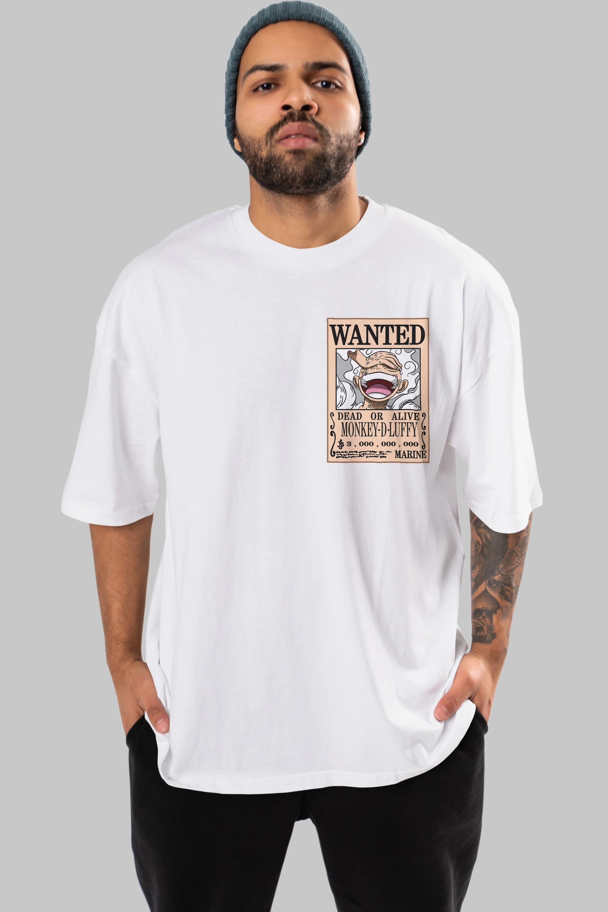 CARTEL LUFFY GEAR 5 Ön Sol Baskılı Oversize t-shirt Erkek Kadın Unisex %100 Pamuk Bisiklet Yaka tişort