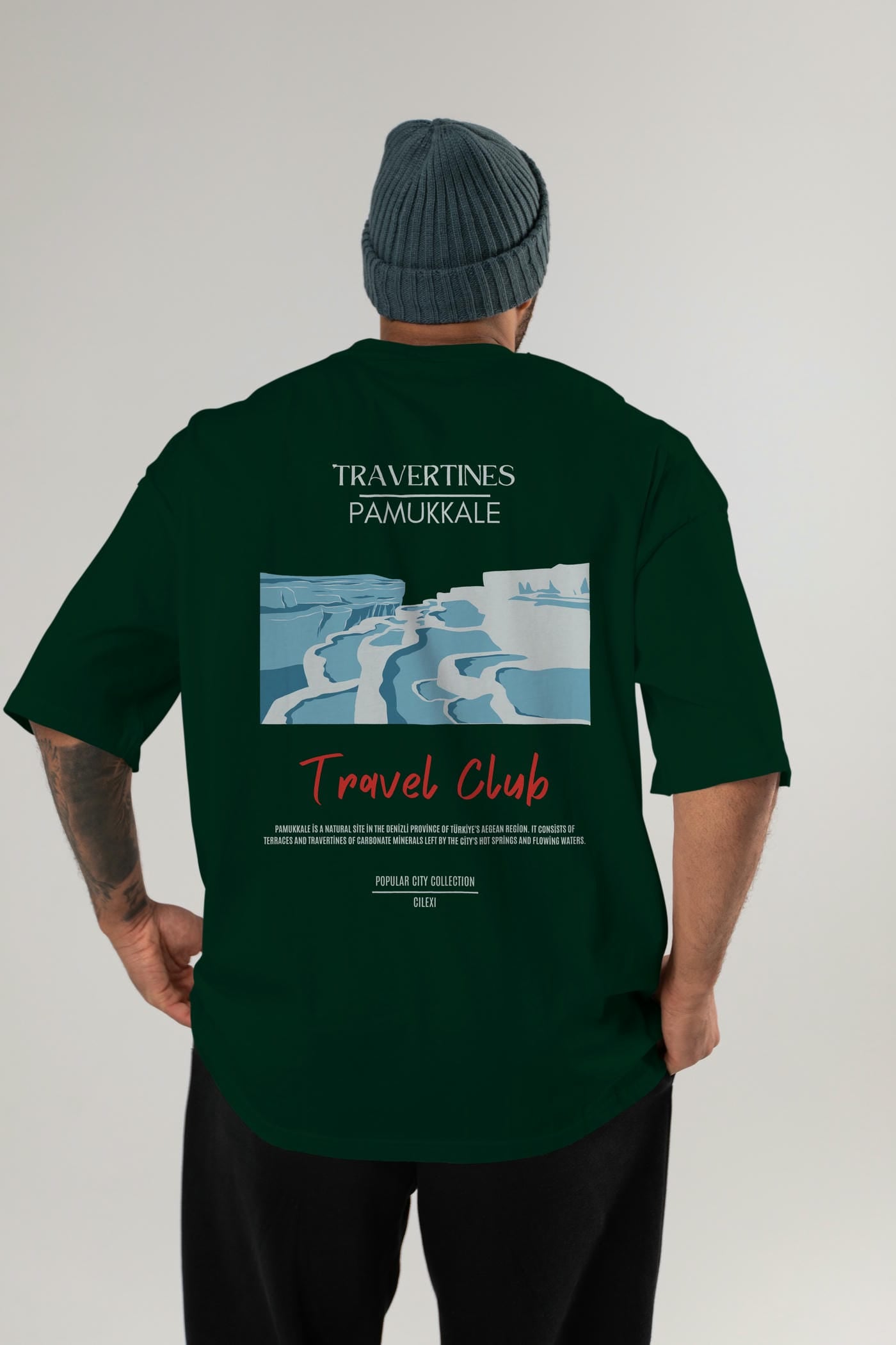 Travertines Pamukkale Arka Baskılı Oversize t-shirt Erkek Kadın Pamuk Bisiklet Yaka tişort