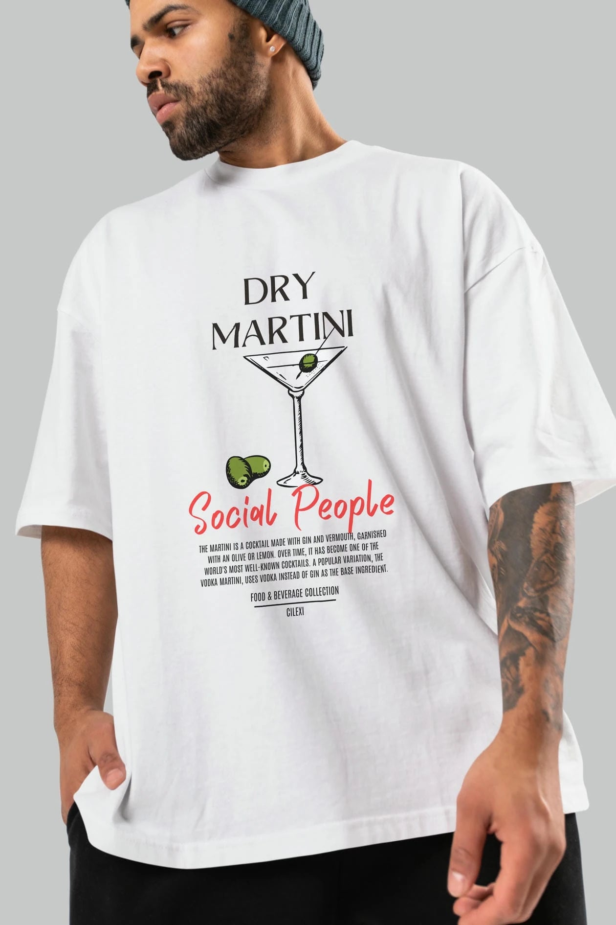 Dry Martını Kokteyl Serisi ön Baskılı Oversize t-shirt Erkek Kadın %100 Pamuk Bisiklet Yaka tişort