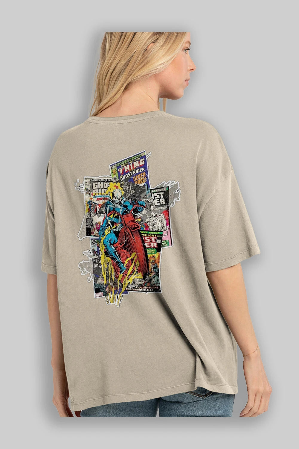 Ghost Rider Arka Baskılı Oversize t-shirt Erkek Kadın Unisex %100 Pamuk Bisiklet Yaka tişort