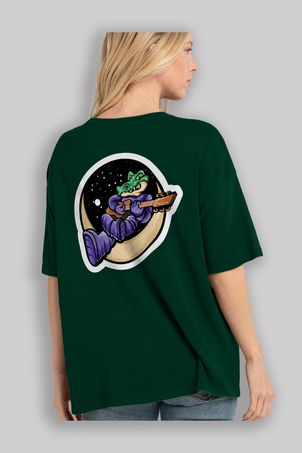Space Crocodile Sticker Arka Baskılı Oversize t-shirt Erkek Kadın Unisex