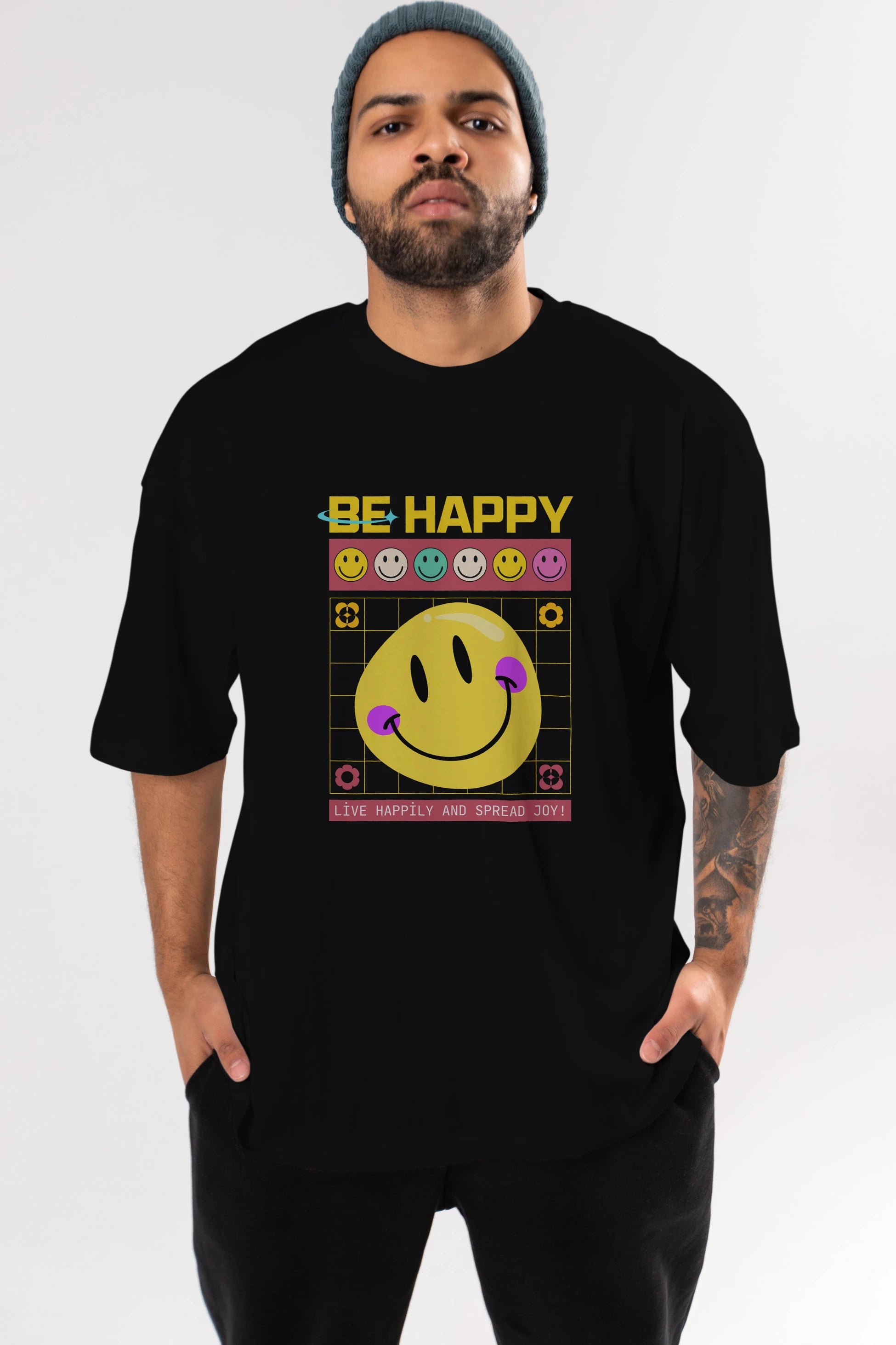Be Happy Yazılı Ön Baskılı Oversize t-shirt Erkek Kadın Unisex