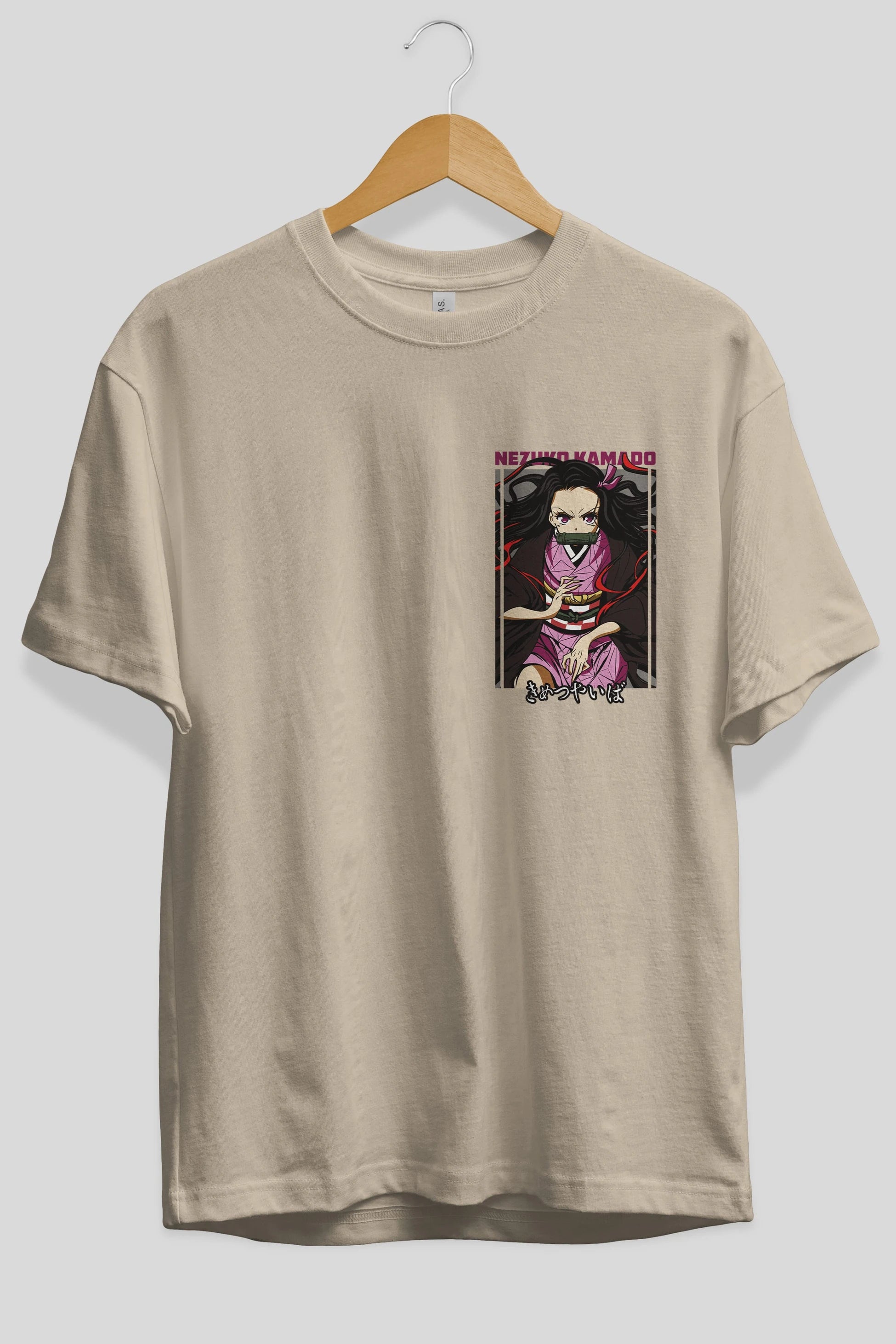 Nezuko Kamado 1 Ön Sol Baskılı Oversize t-shirt Erkek Kadın Unisex %100 Pamuk Bisiklet Yaka tişort