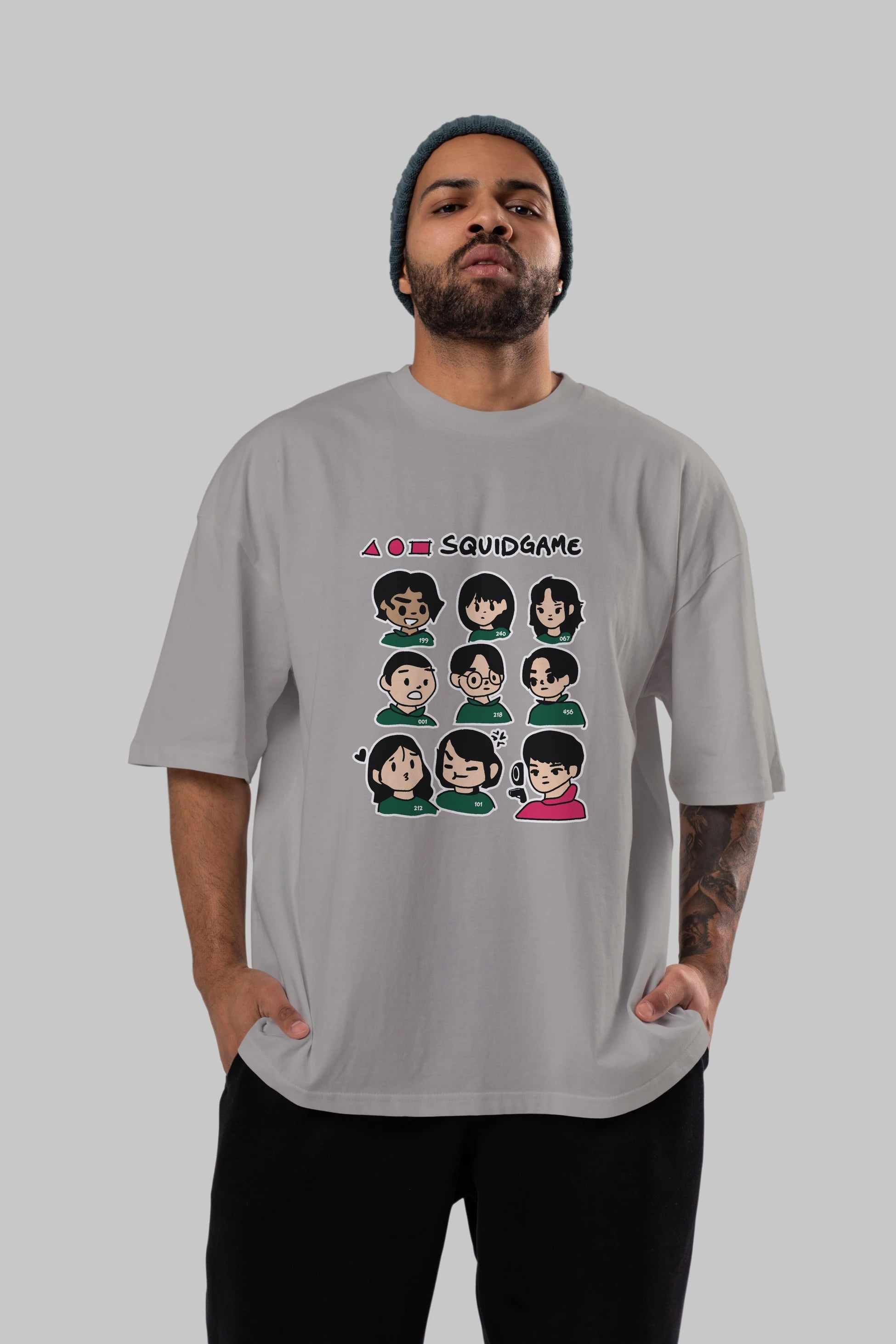Squid Game (3) Ön Baskılı Oversize t-shirt Erkek Kadın Unisex %100 Pamuk Bisiklet Yaka tişort