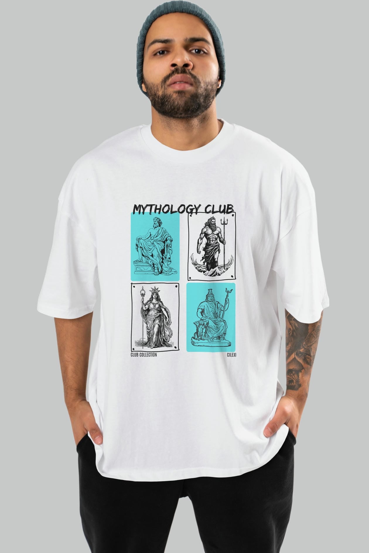 Mythology Club ön Baskılı Oversize t-shirt Erkek Kadın %100 Pamuk Bisiklet Yaka tişort