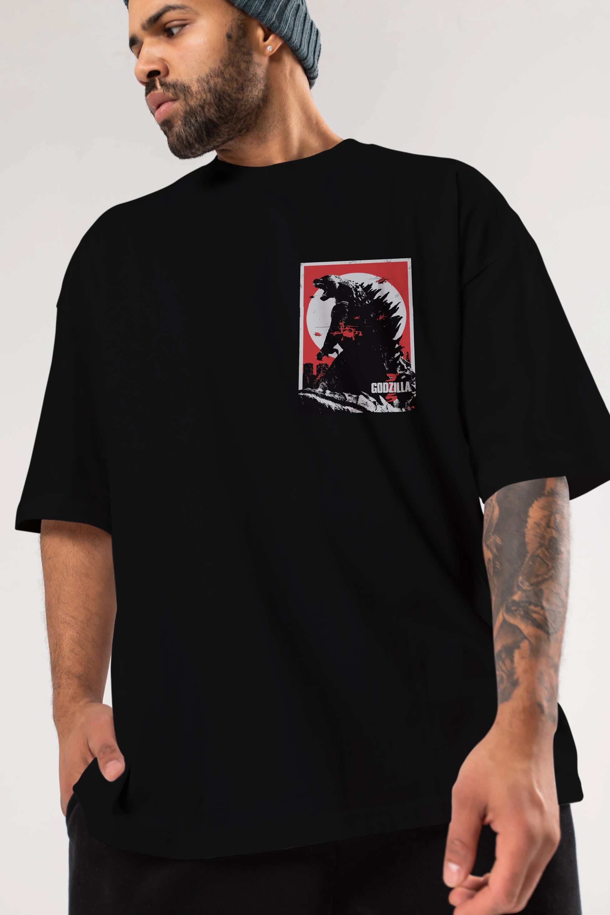 Godzilla (2) Ön Sol Baskılı Oversize t-shirt Erkek Kadın Unisex %100 Pamuk Bisiklet Yaka tişort