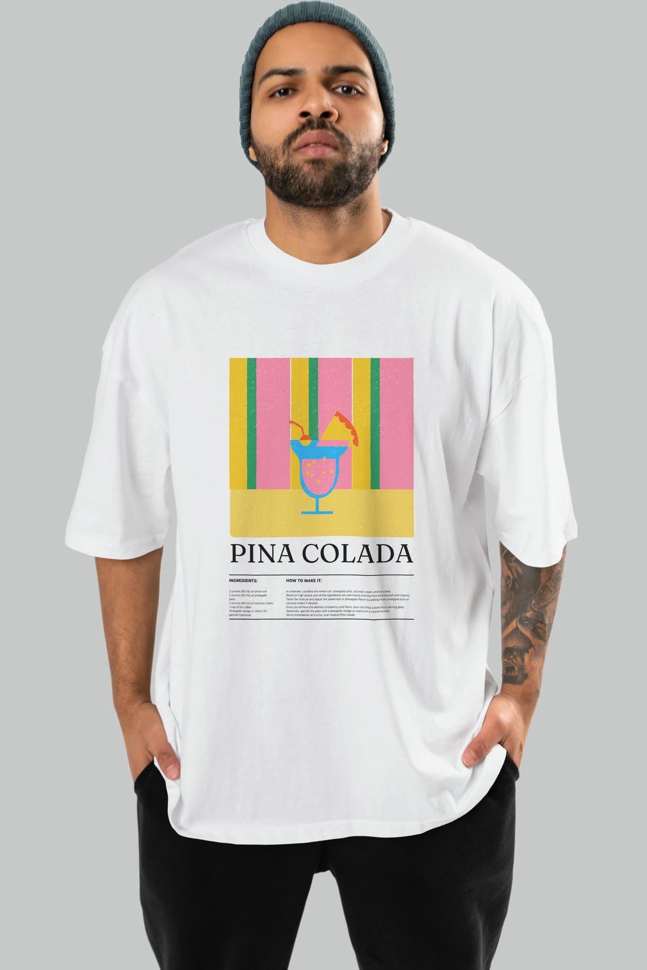 Pina Colada Kokteyl Ön Baskılı Oversize t-shirt Erkek Kadın %100 Pamuk Bisiklet Yaka tişort