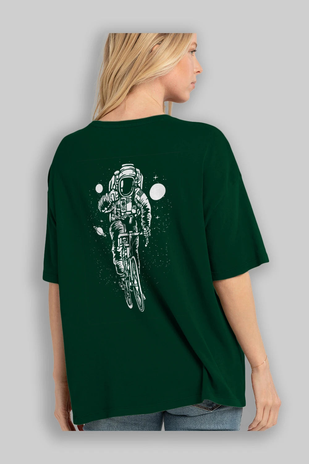 Astronaut Bicycle Arka Baskılı Oversize t-shirt Erkek Kadın Unisex %100 Pamuk