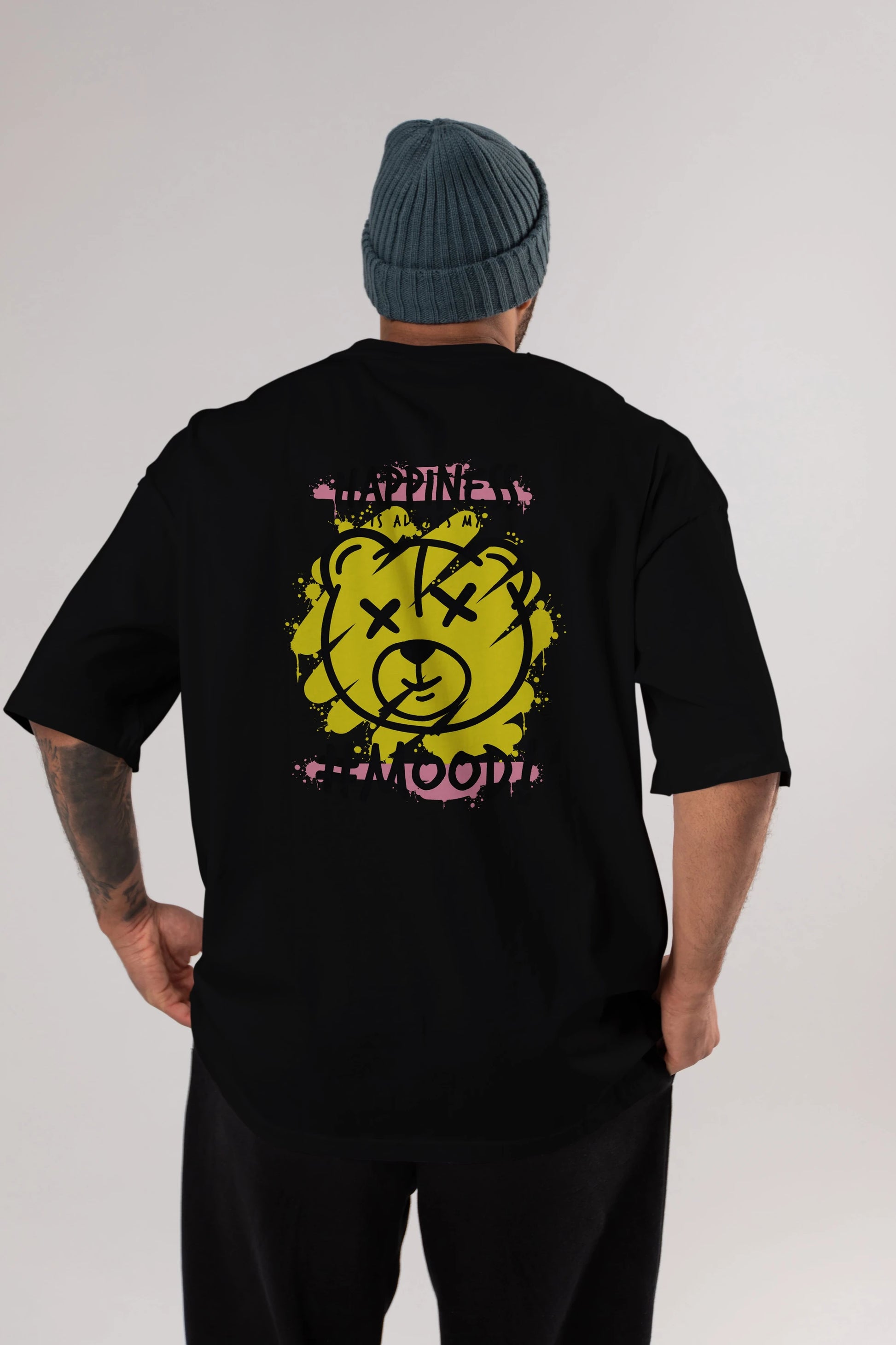 Happiness Mood Bear Arka Baskılı Oversize t-shirt Erkek Kadın Unisex