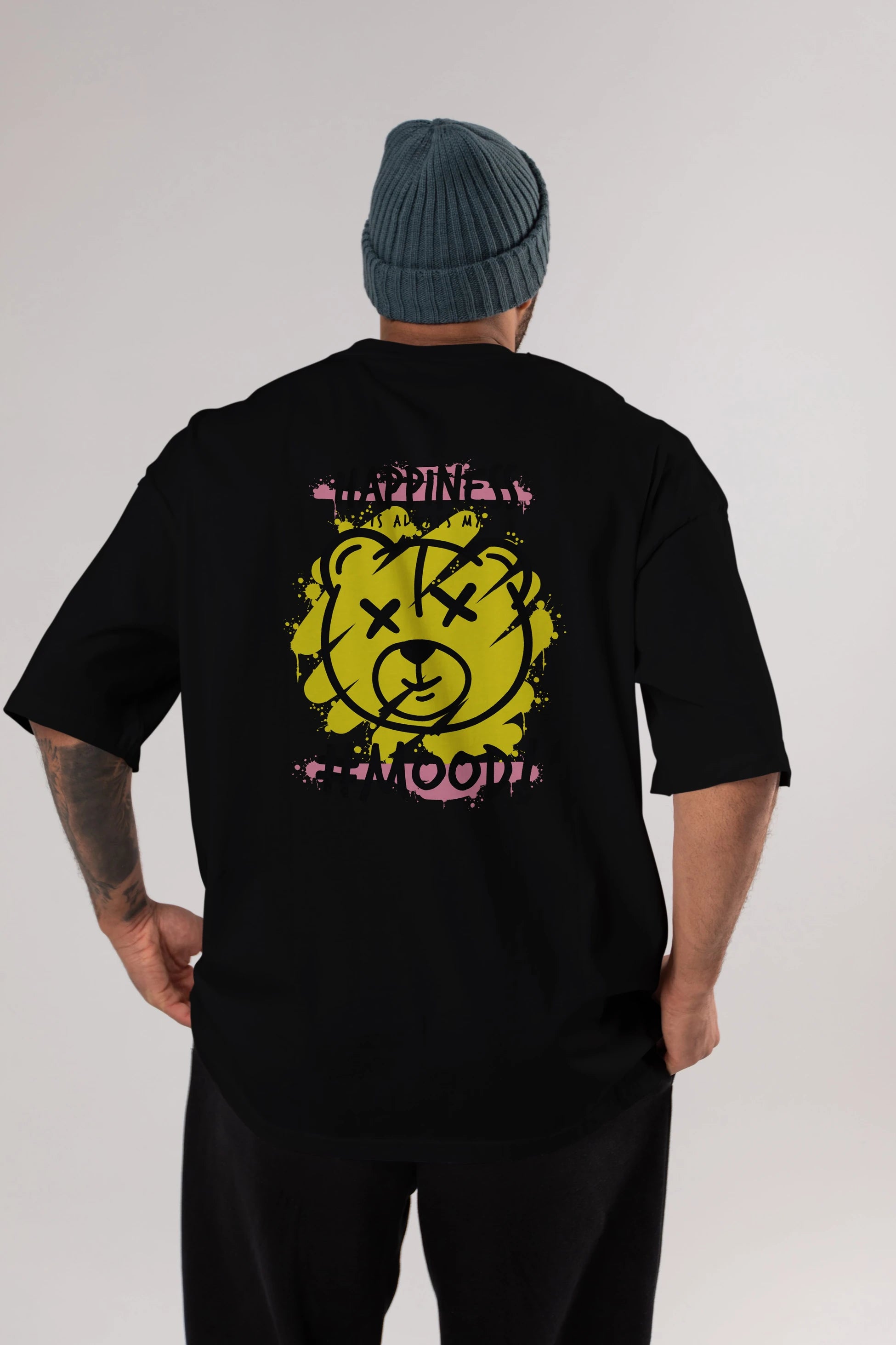 Happiness Mood Bear Arka Baskılı Oversize t-shirt Erkek Kadın Unisex