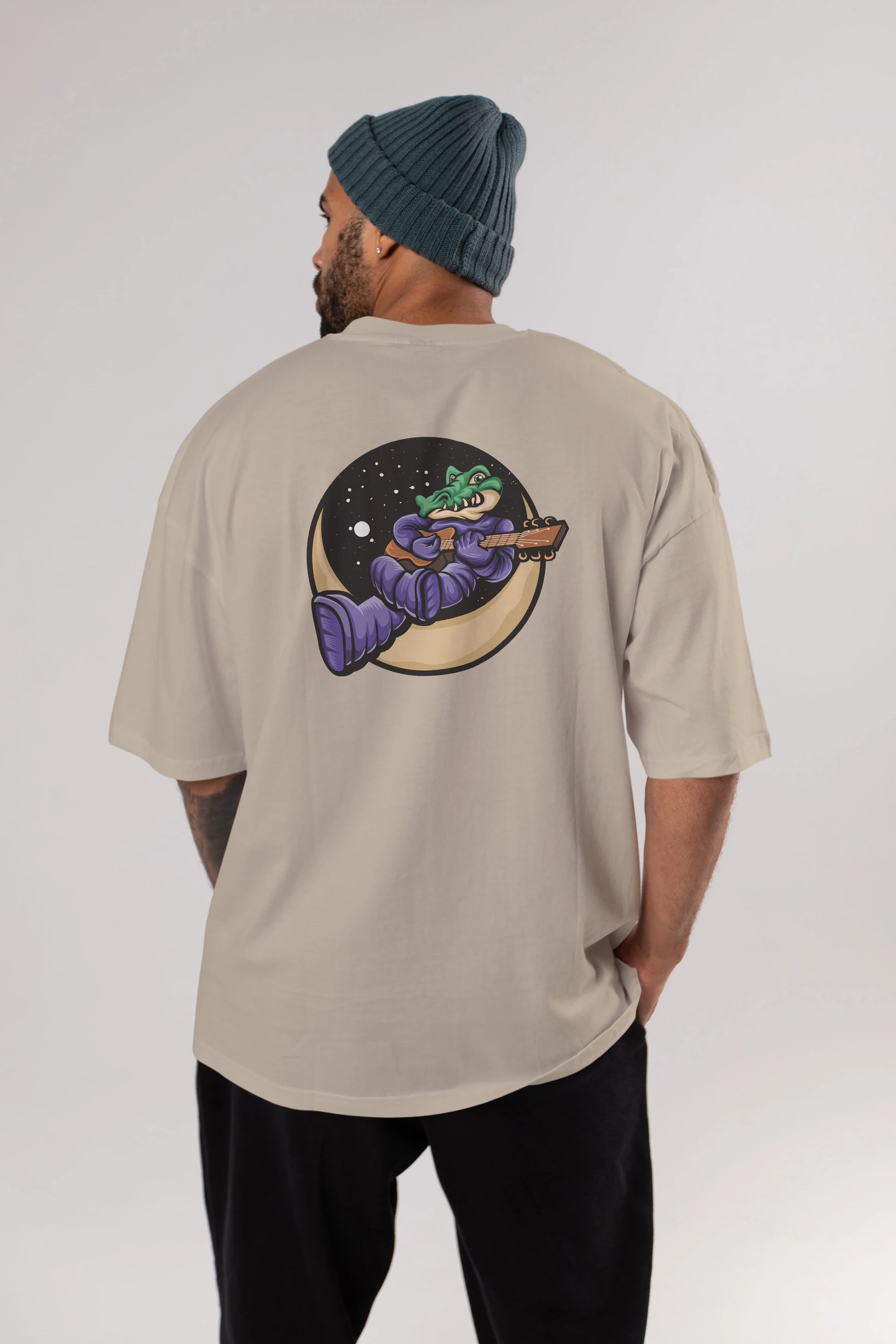 Space Crocodile Arka Baskılı Oversize t-shirt Erkek Kadın Unisex