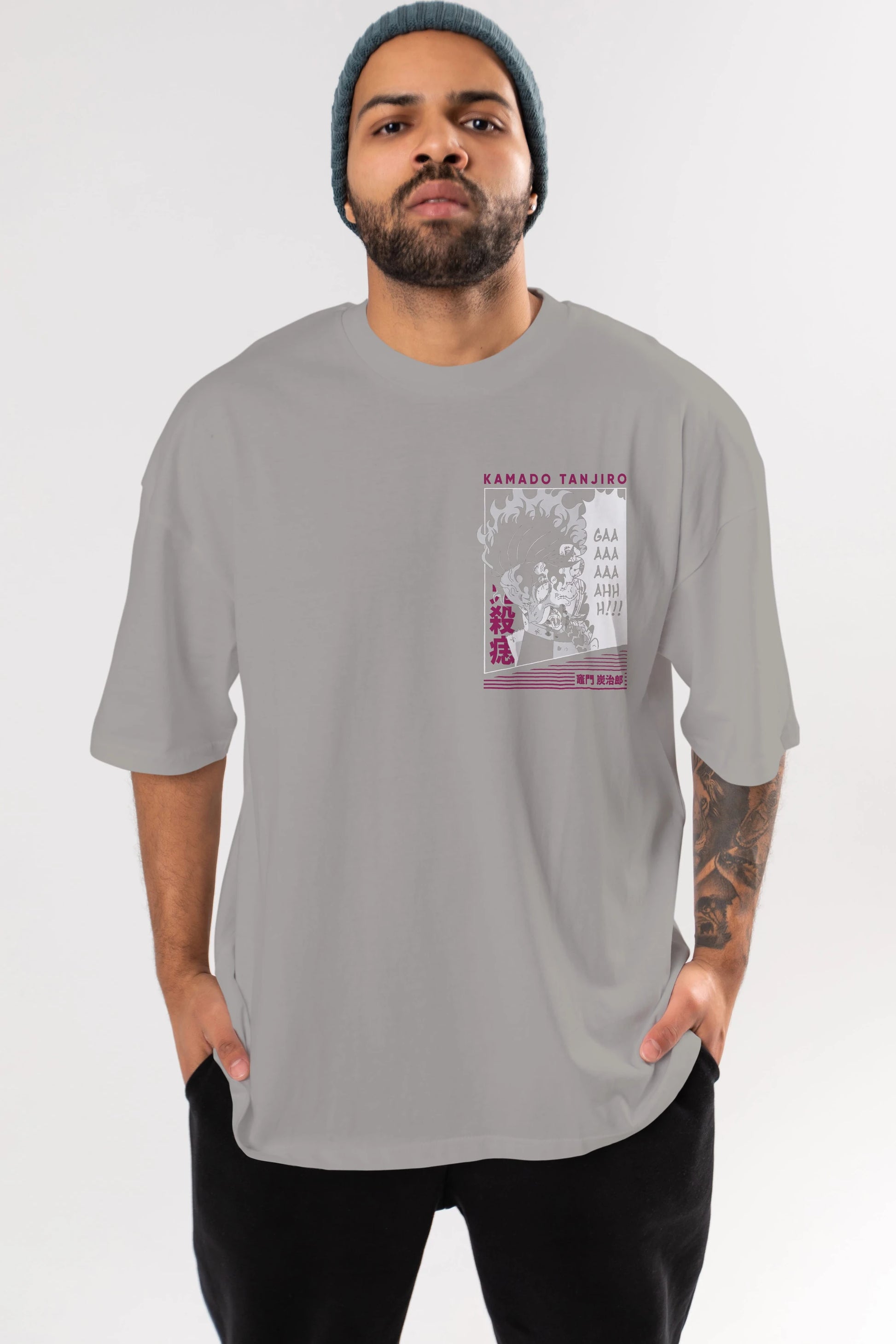 TANJIRO KAMADO 3 Ön Sol Baskılı Oversize t-shirt Erkek Kadın Unisex %100 Pamuk Bisiklet Yaka tişort