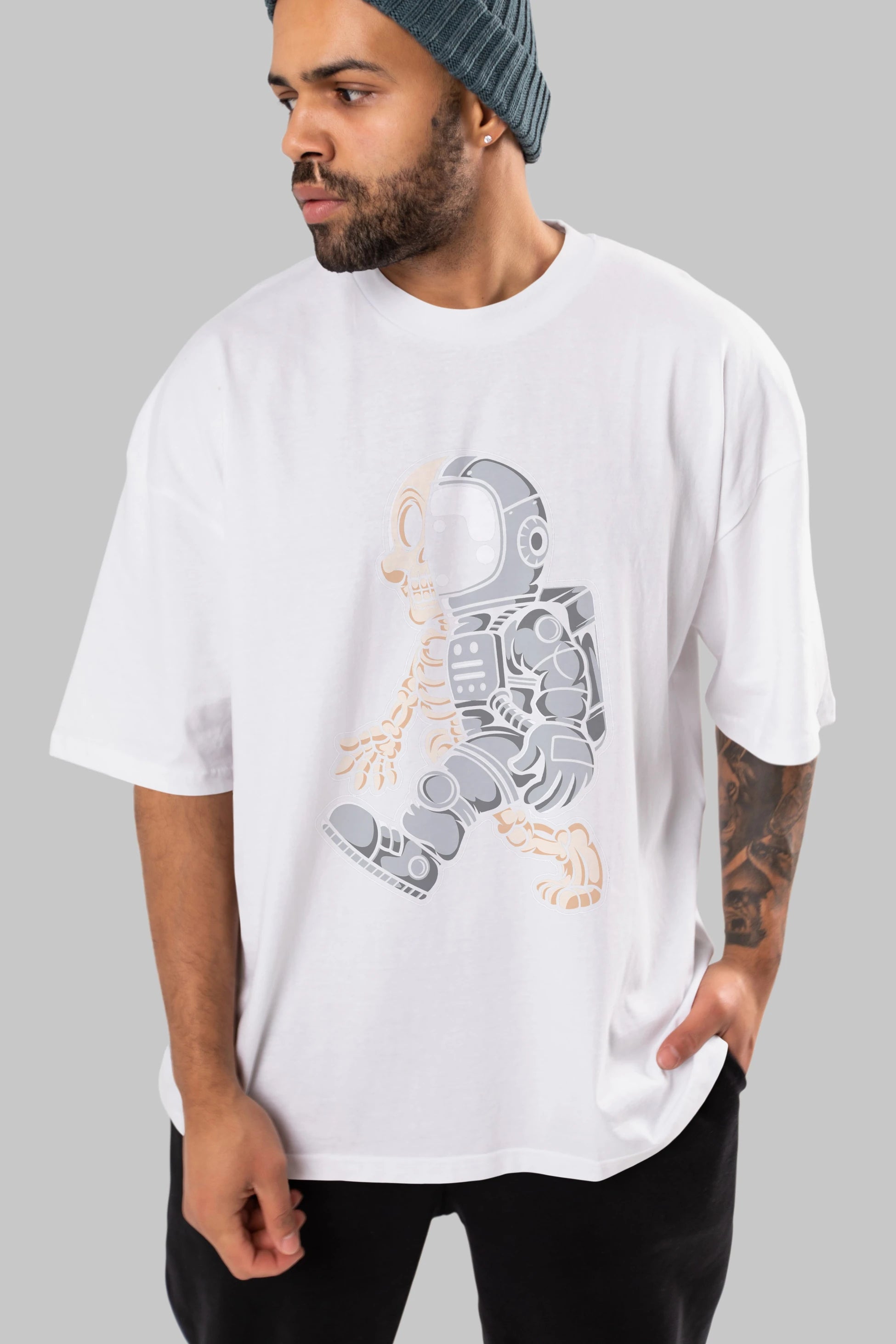 Astronaut Half Skull Ön Baskılı Oversize t-shirt Erkek Kadın Unisex
