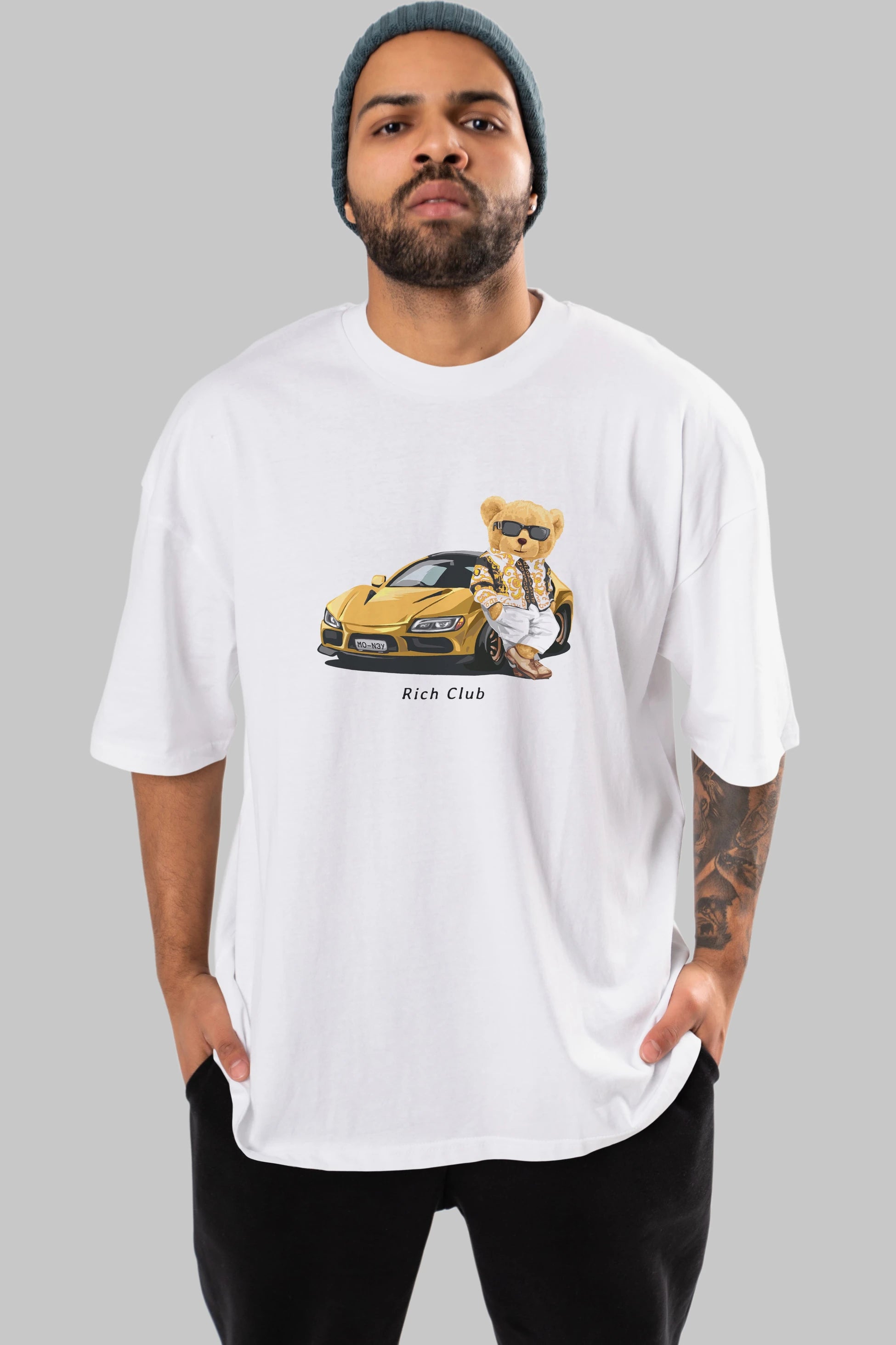 Teddy Bear Rich Club Ön Baskılı Oversize t-shirt Erkek Kadın Unisex %100 Pamuk