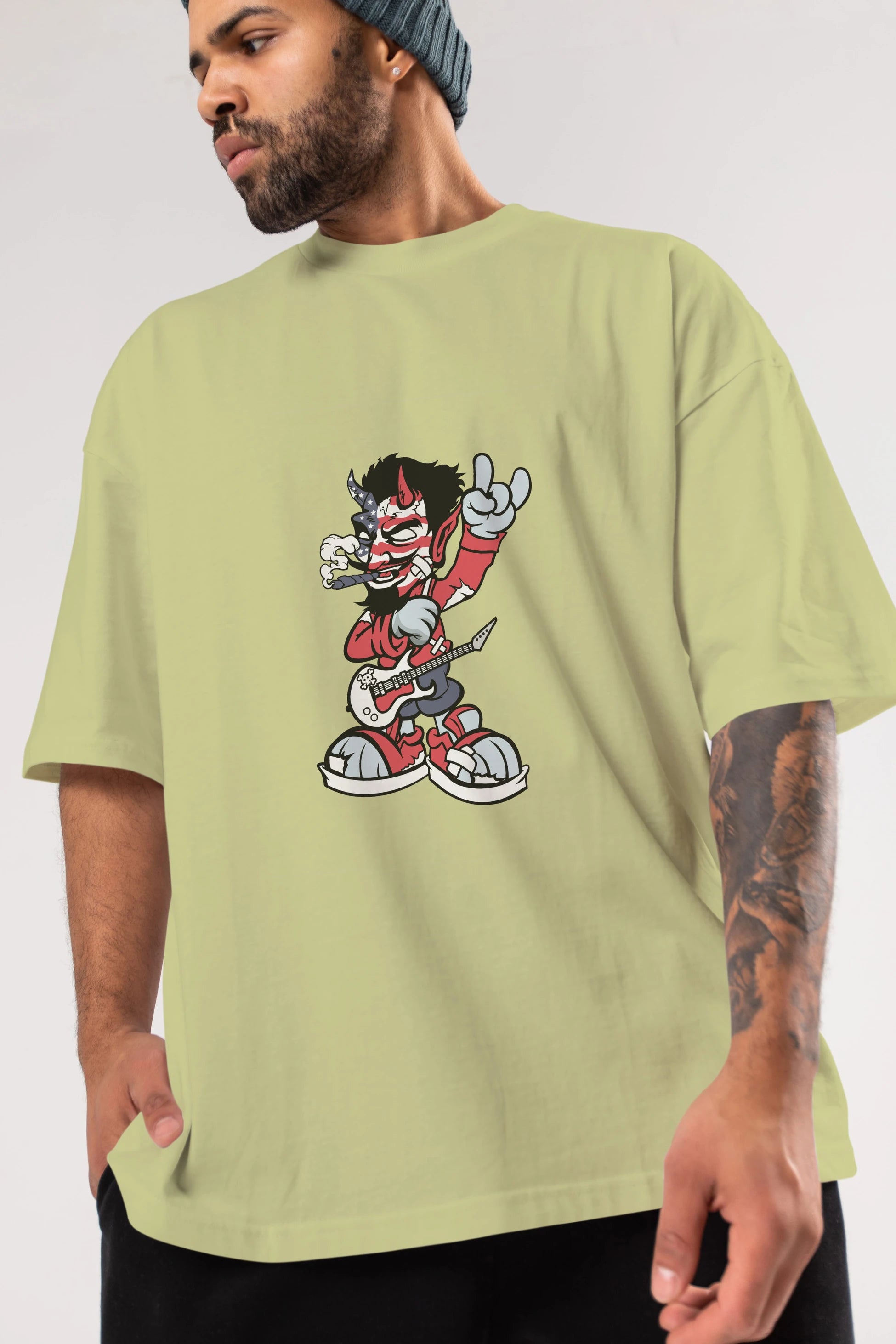 American Devil Rockstar Ön Baskılı Oversize t-shirt Erkek Kadın Unisex %100 Pamuk tişort