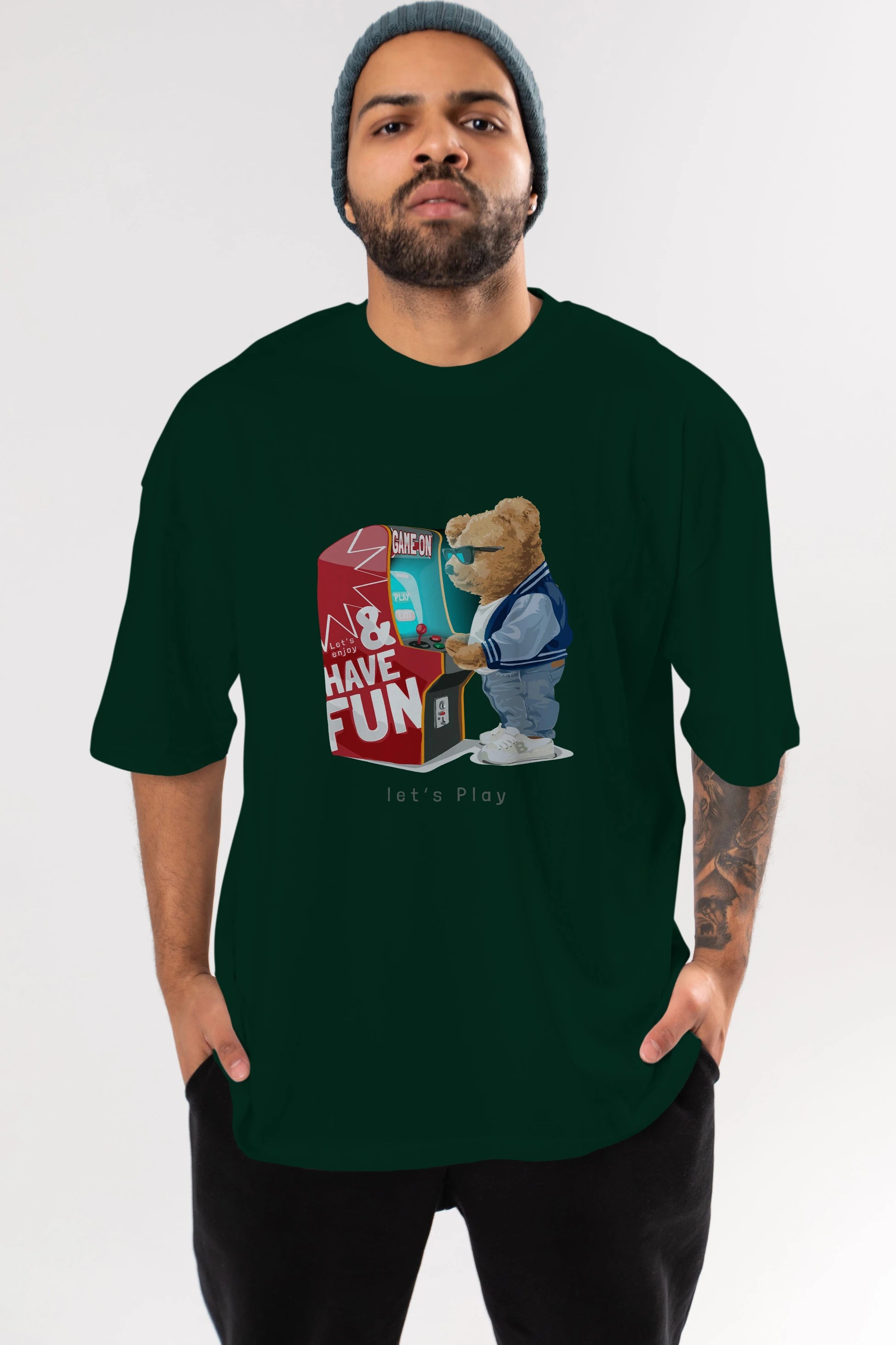 Teddy Bear Lets Play Ön Baskılı Oversize t-shirt Erkek Kadın Unisex %100 Pamuk