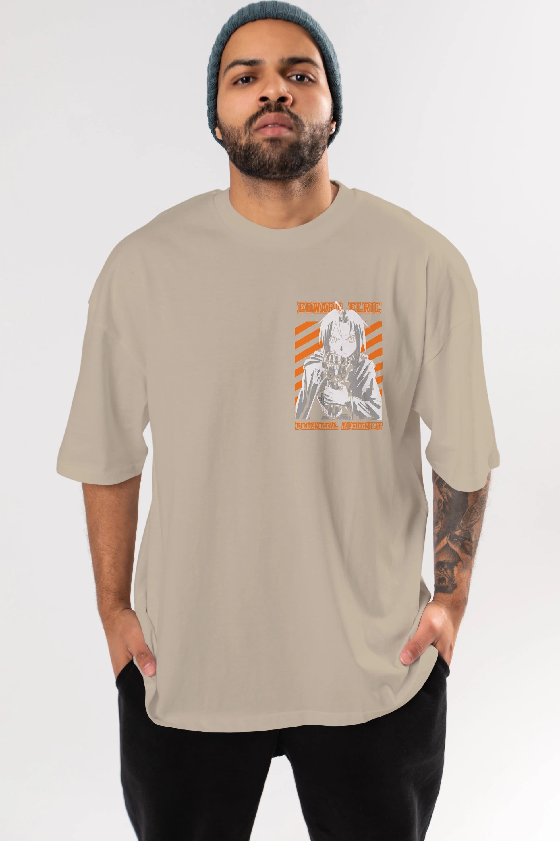 EDWARD ELRIC Ön Sol Baskılı Oversize t-shirt Erkek Kadın Unisex %100 Pamuk Bisiklet Yaka tişort