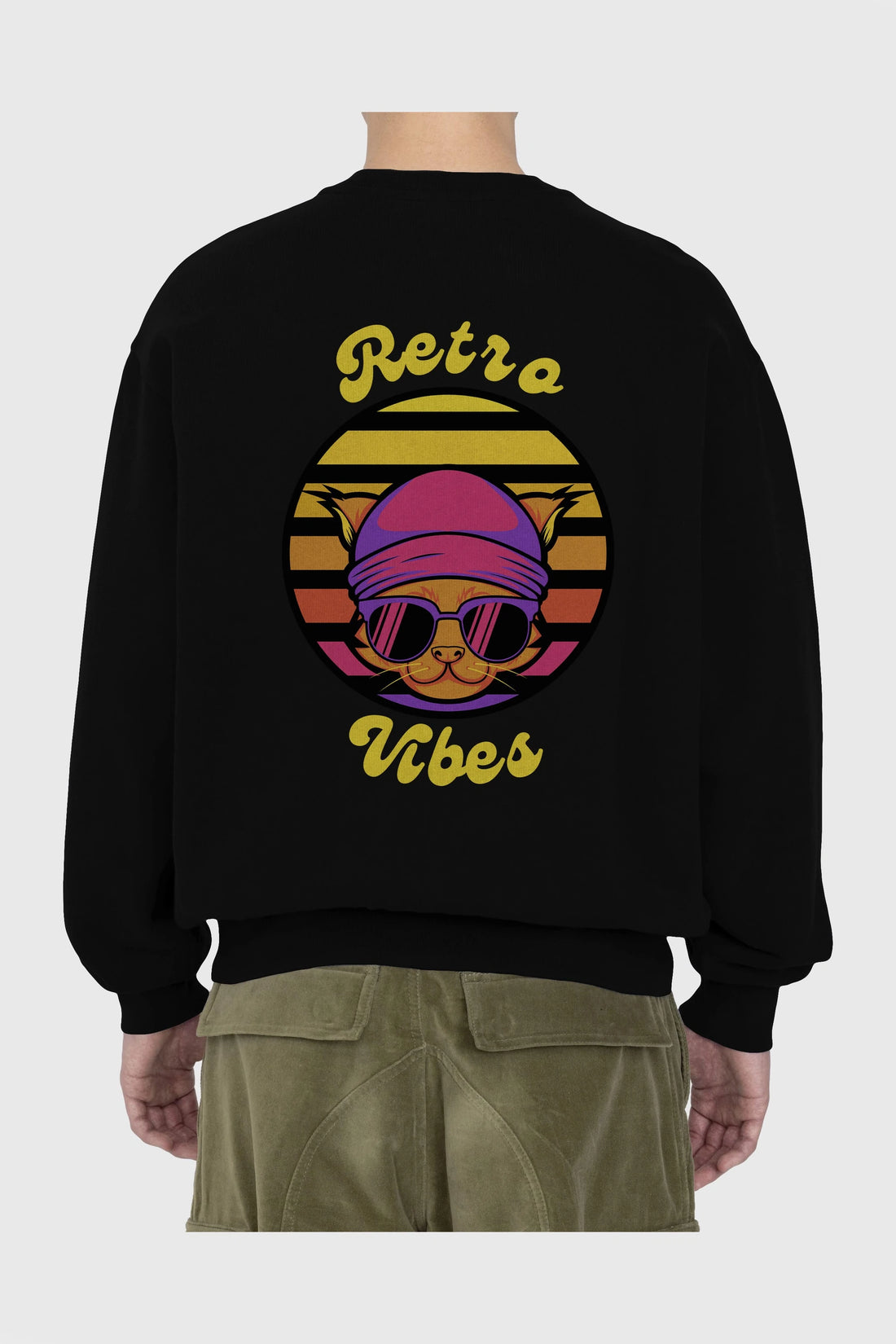Cat Retro Vibes Arka Baskılı Oversize Sweatshirt Erkek Kadın Unisex