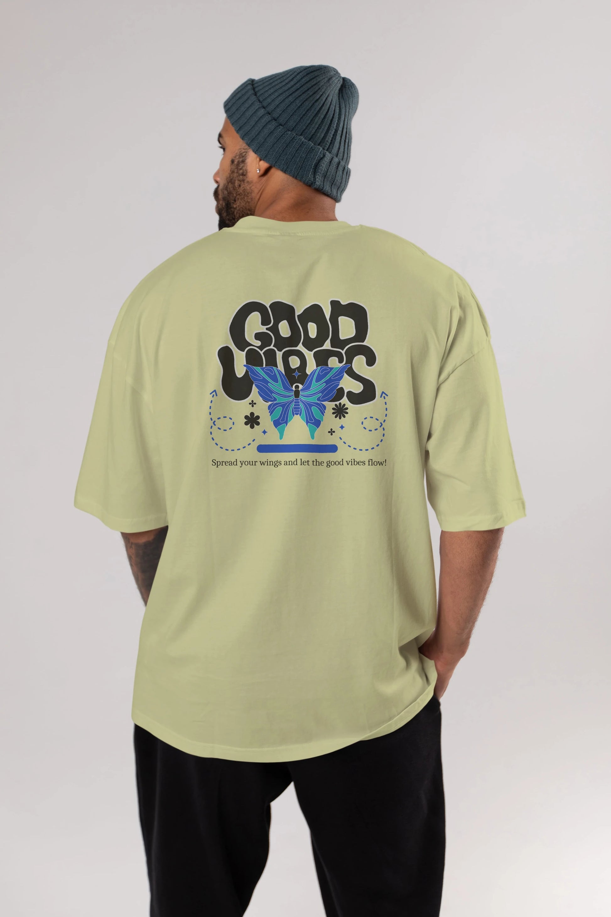 Good Vibes Yazılı 4 Arka Baskılı Oversize t-shirt Erkek Kadın Unisex