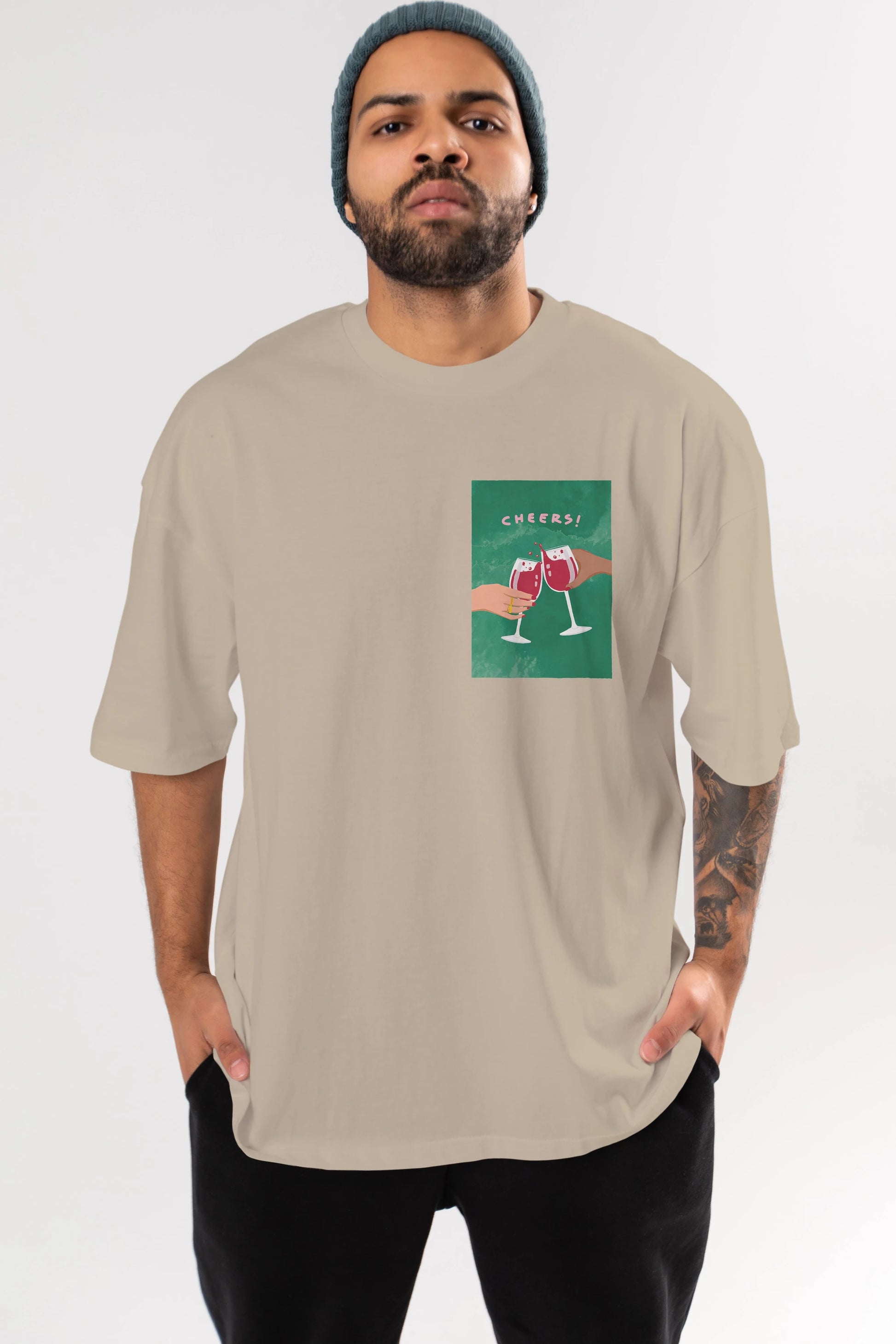 Cheers Ön Sol Baskılı Oversize t-shirt Erkek Kadın Unisex %100 Pamuk Bisiklet Yaka tişort