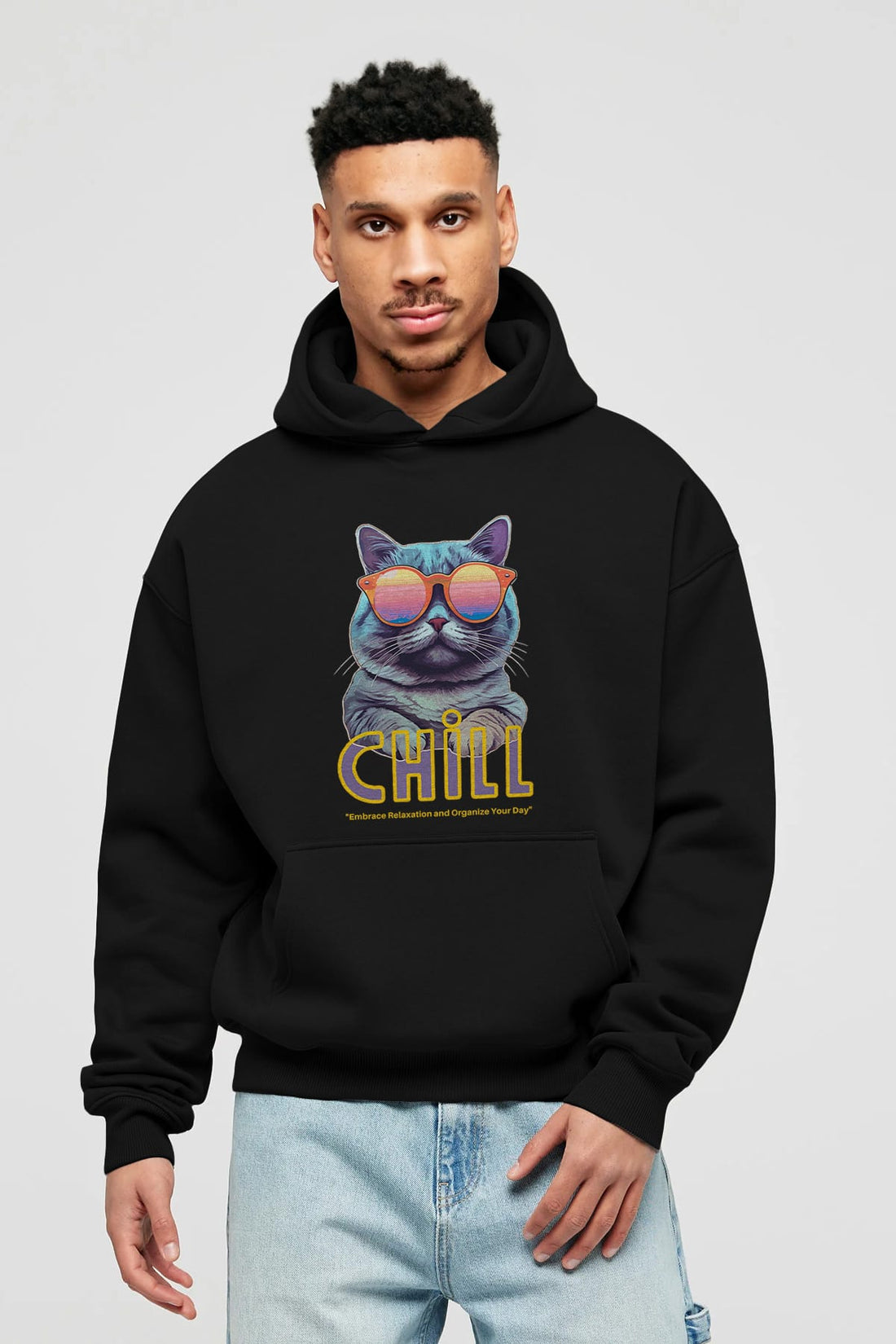 Chill Cat Ön Baskılı Oversize Hoodie Kapüşonlu Sweatshirt Erkek Kadın Unisex