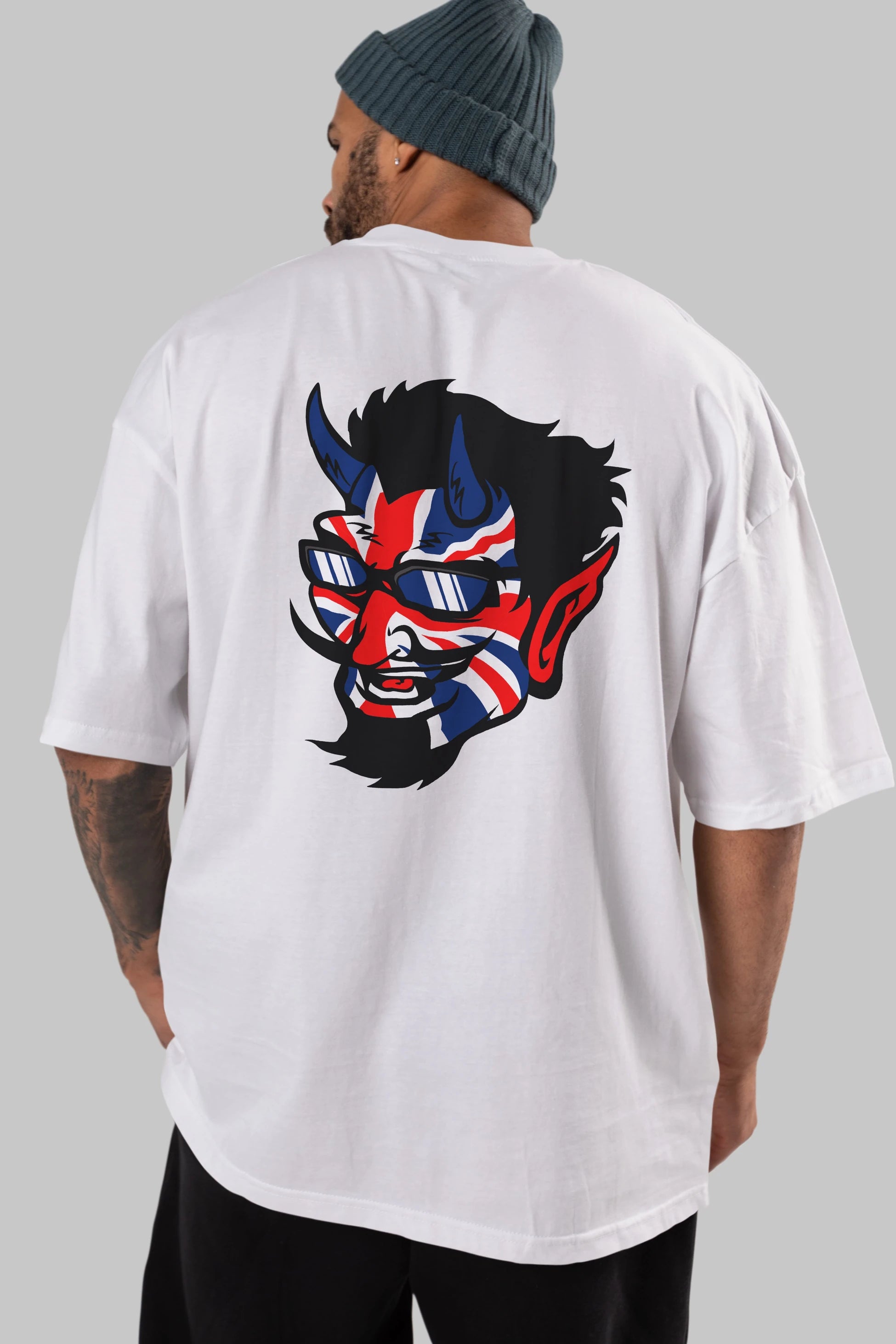 UK Devil Arka Baskılı Oversize t-shirt Erkek Kadın Unisex %100 Pamuk tişort