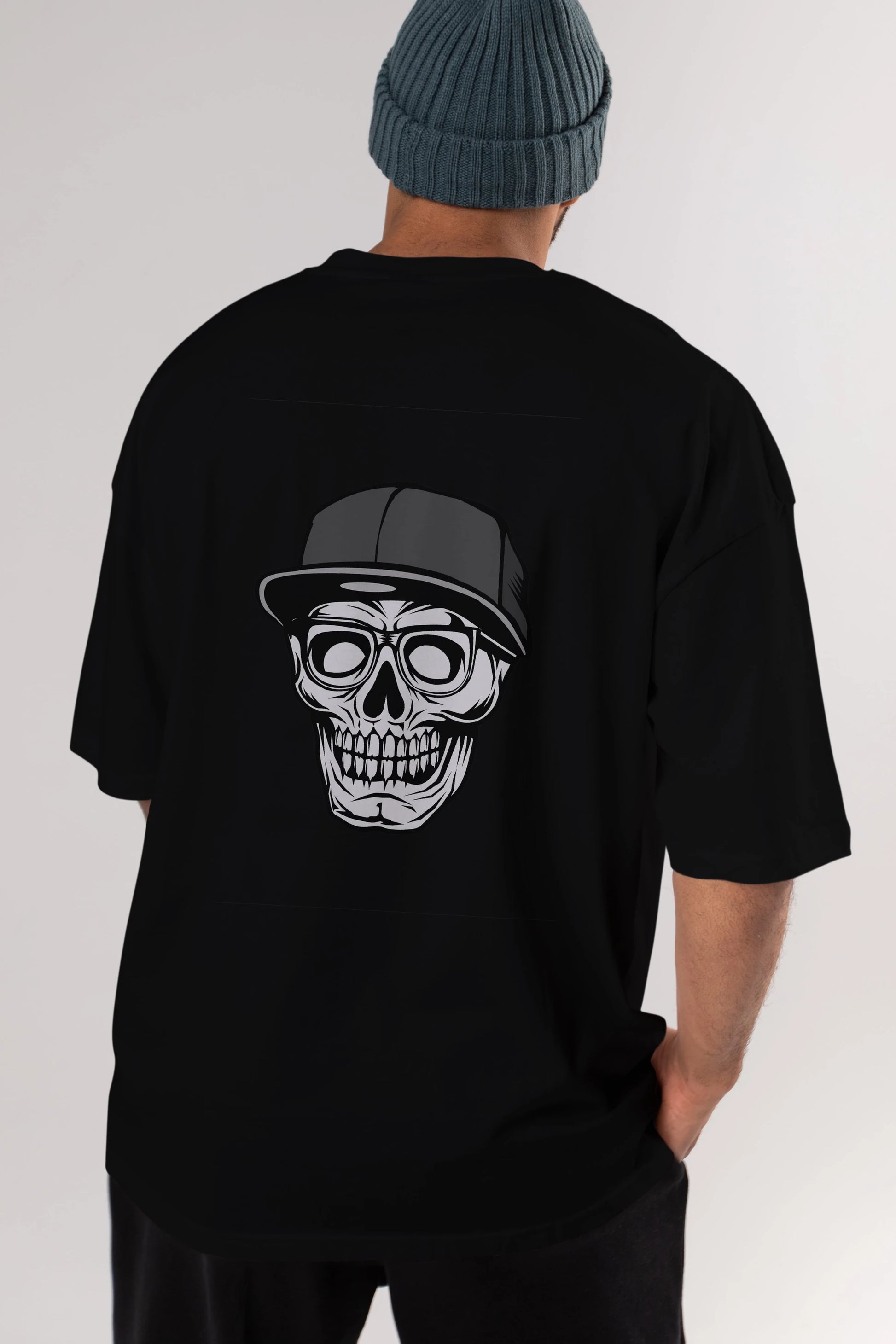 Skull With Hat Arka Baskılı Oversize t-shirt Erkek Kadın Unisex %100 Pamuk tişort
