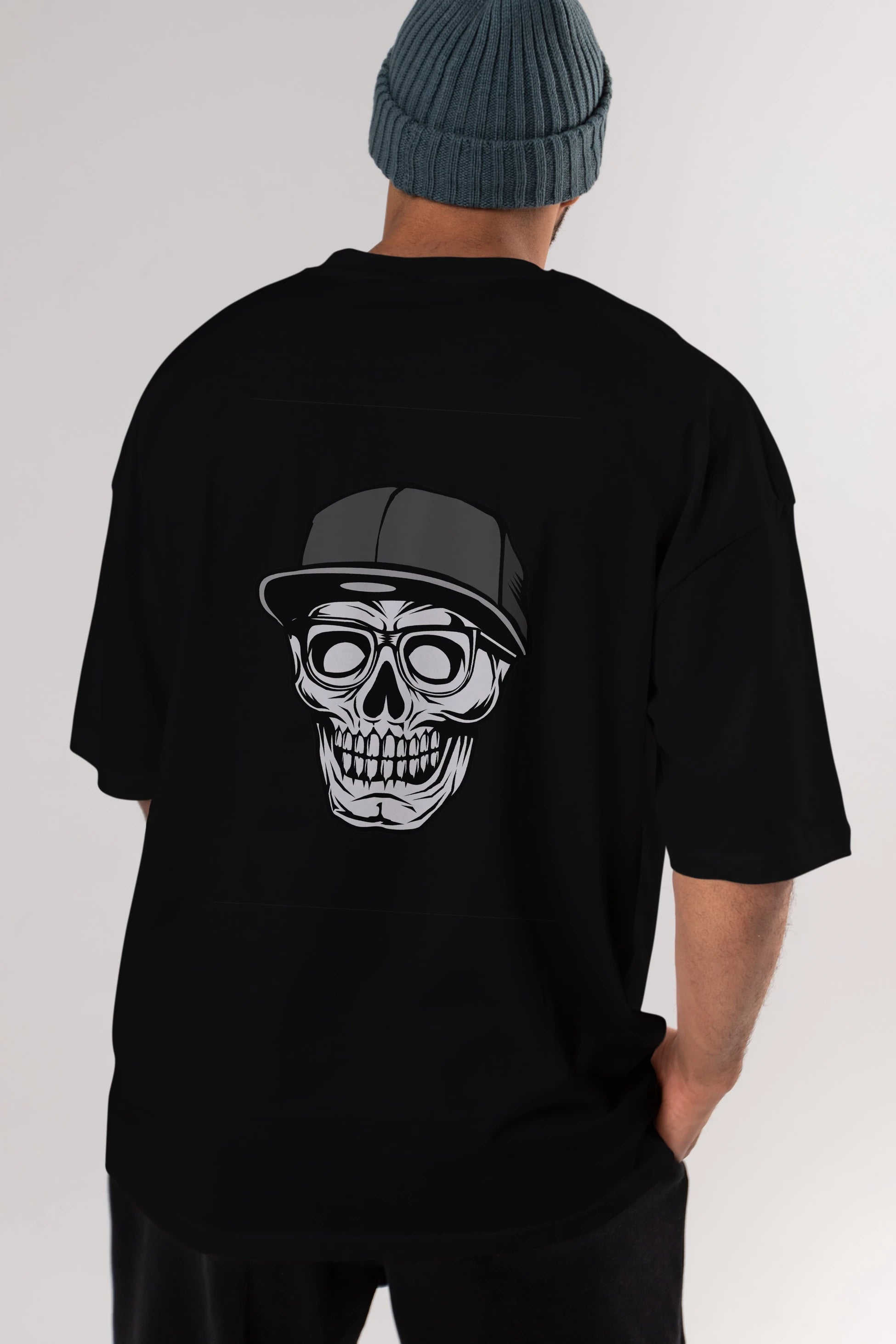 Skull With Hat Arka Baskılı Oversize t-shirt Erkek Kadın Unisex %100 Pamuk tişort