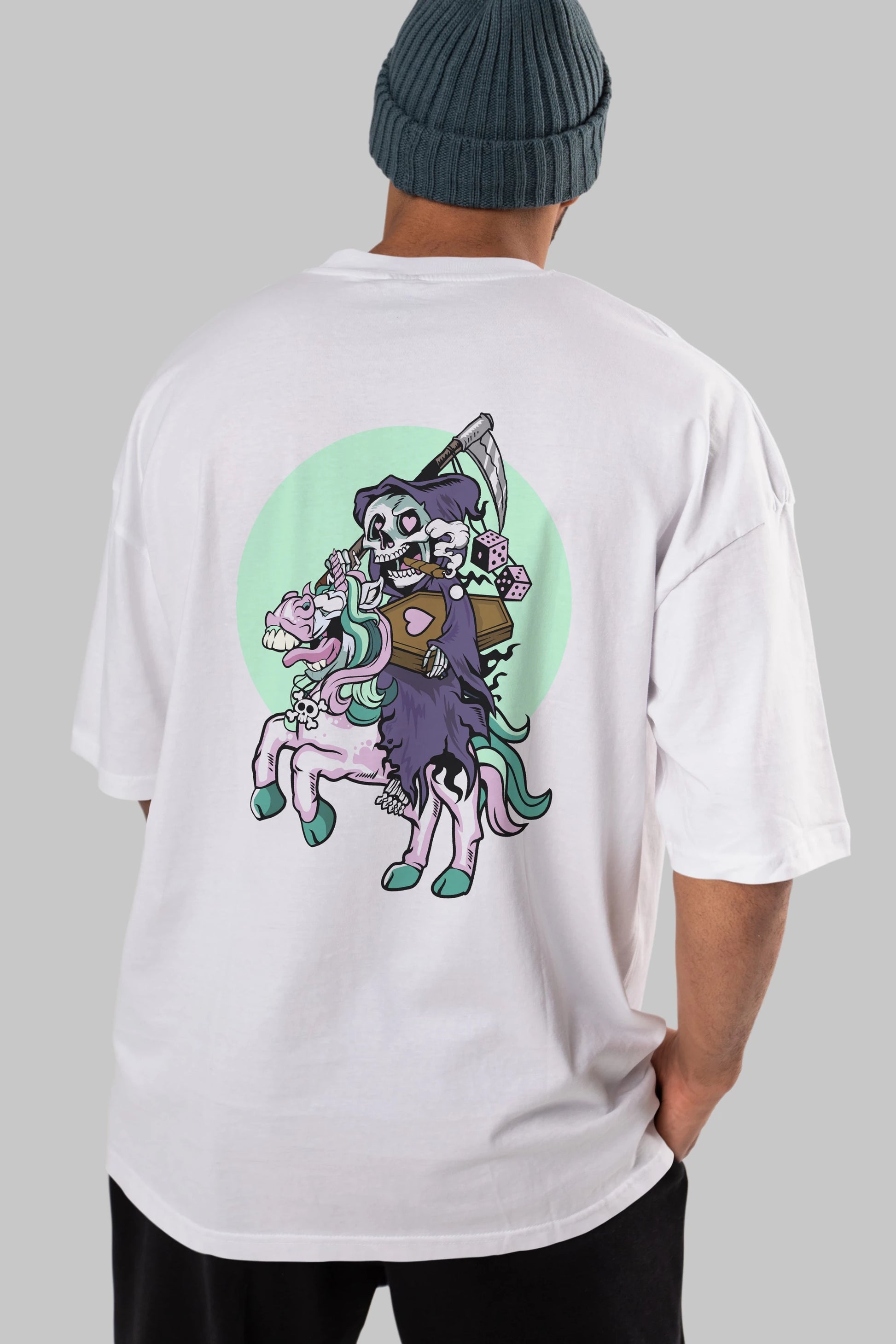 Grim Reaper Riding Unicorn Arka Baskılı Oversize t-shirt Erkek Kadın Unisex %100 Pamuk tişort