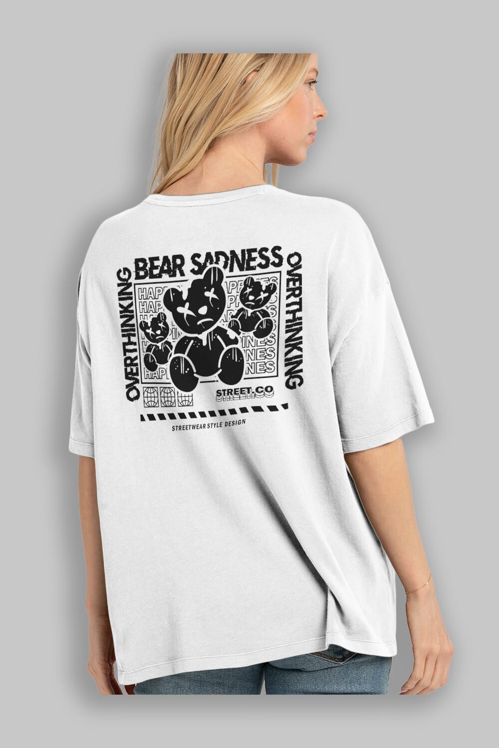 Bear Sadness 2 Arka Baskılı Oversize t-shirt Erkek Kadın Unisex