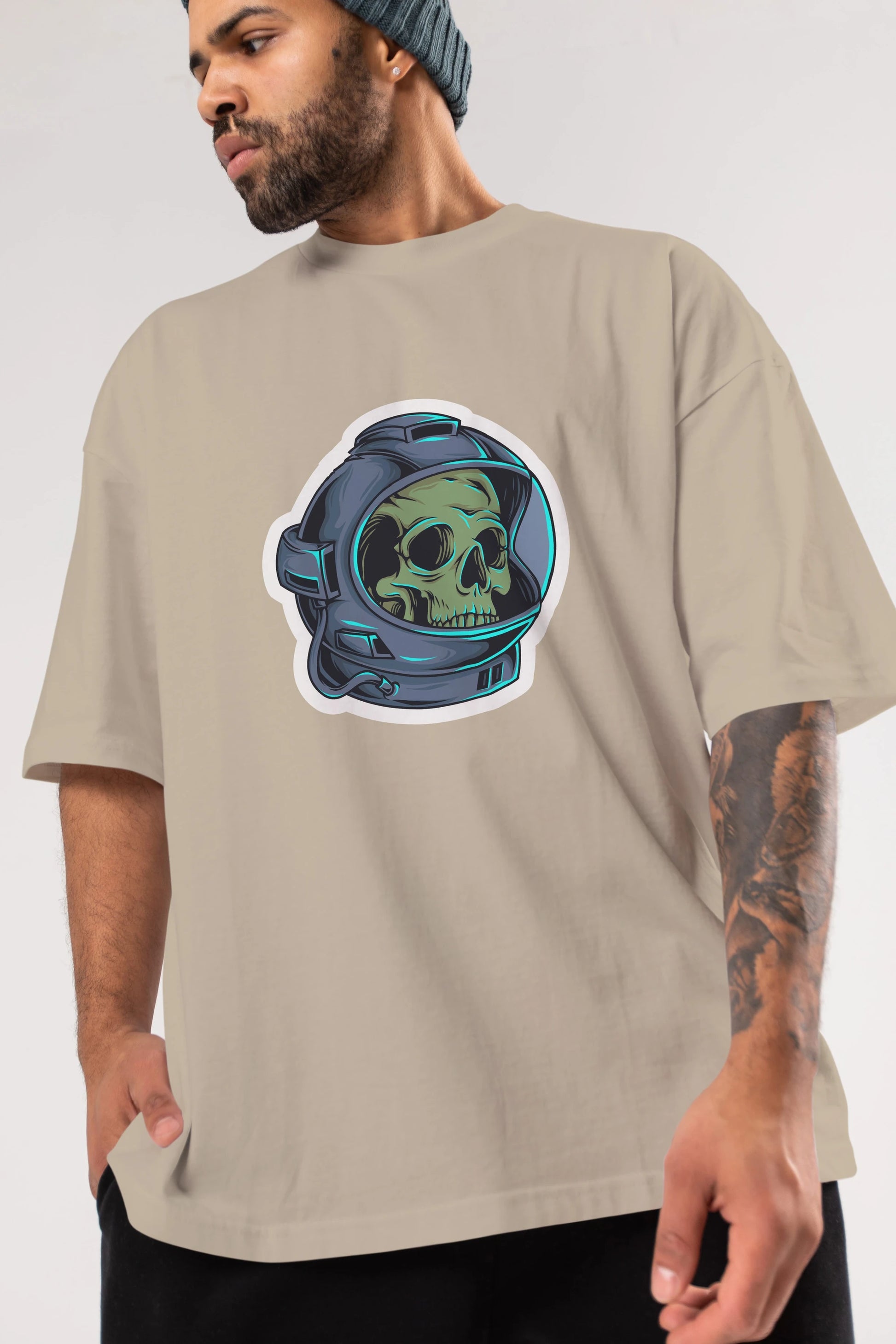 Astroskull Sticker Ön Baskılı Oversize t-shirt Erkek Kadın Unisex