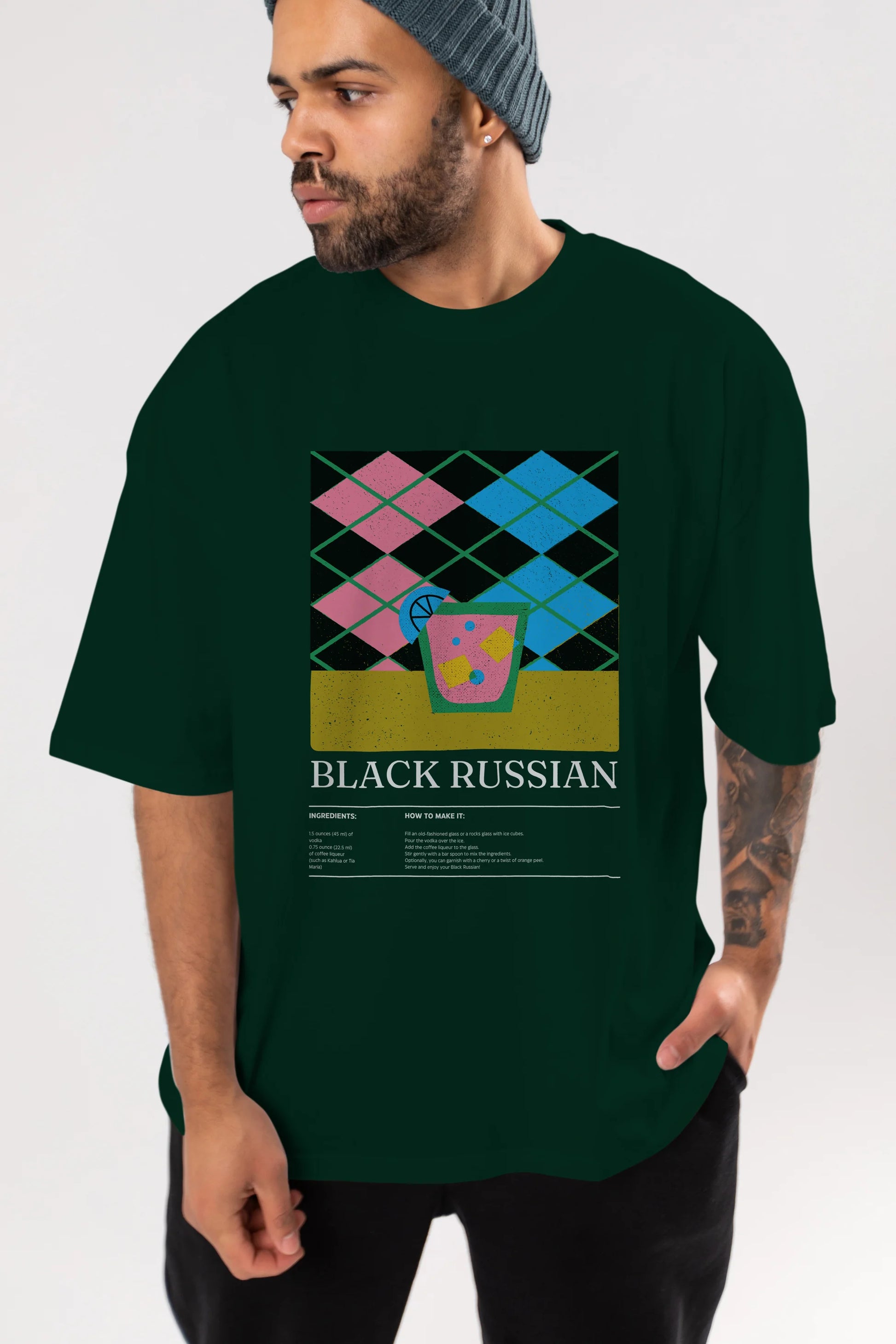 Black Russian Kokteyl Ön Baskılı Oversize t-shirt Erkek Kadın %100 Pamuk Bisiklet Yaka tişort