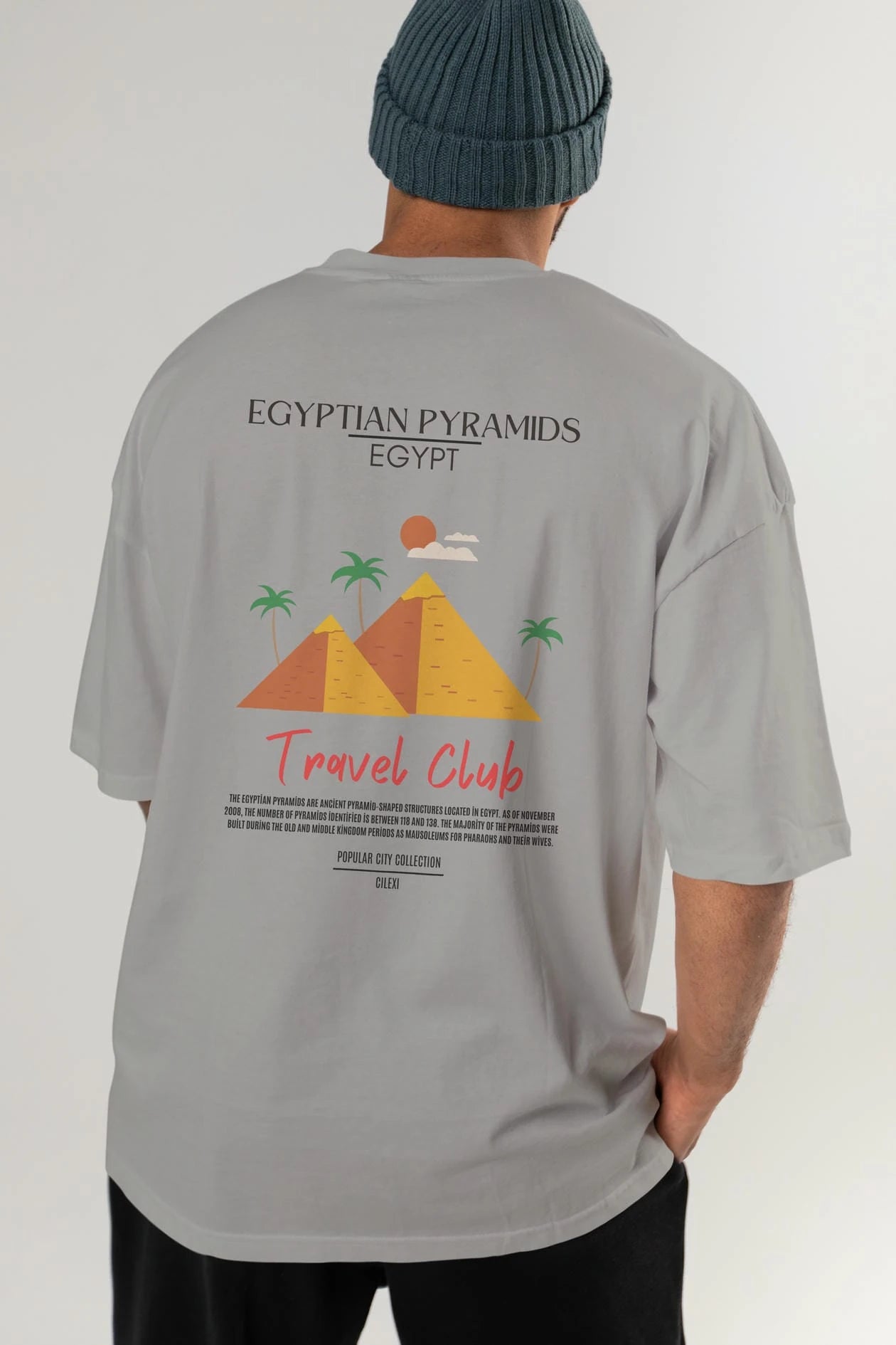 Egyptian Pyramids Egypt Arka Baskılı Oversize t-shirt Erkek Kadın Pamuk Bisiklet Yaka tişort