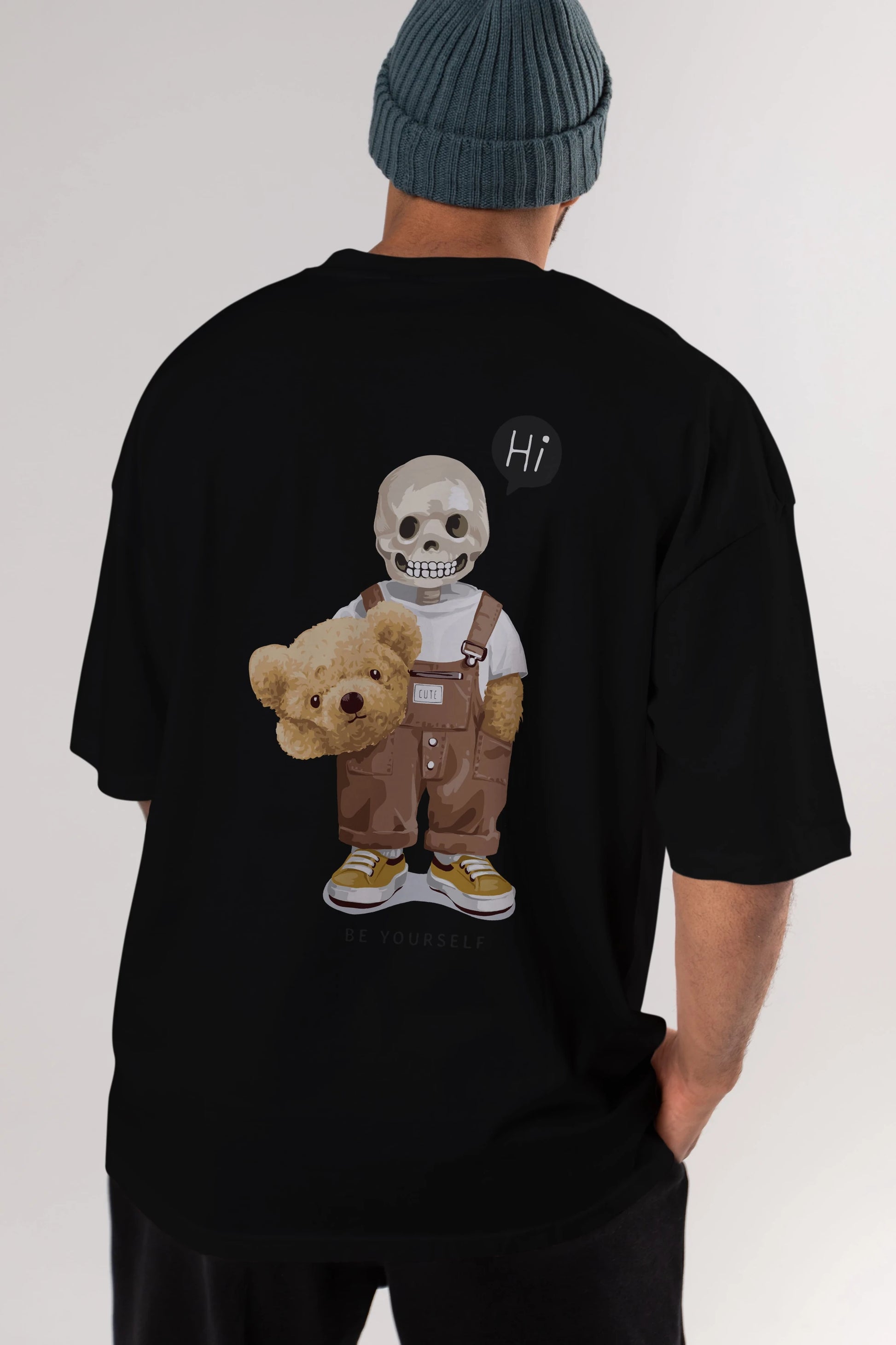 Teddy Bear hi Arka Baskılı Oversize t-shirt Erkek Kadın Unisex %100 Pamuk