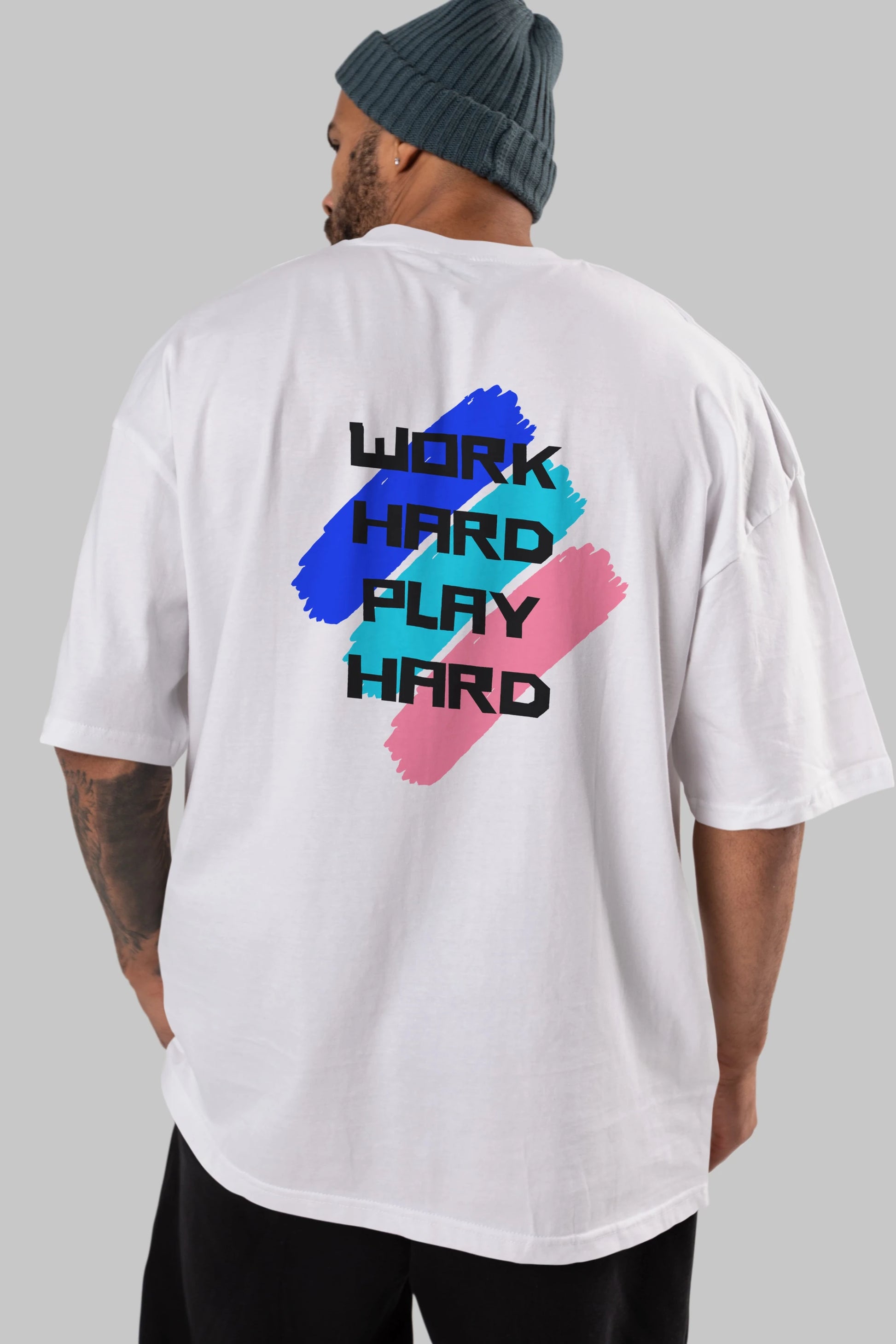 Work Hard Play Hard 2 Arka Baskılı Oversize t-shirt Erkek Kadın Unisex