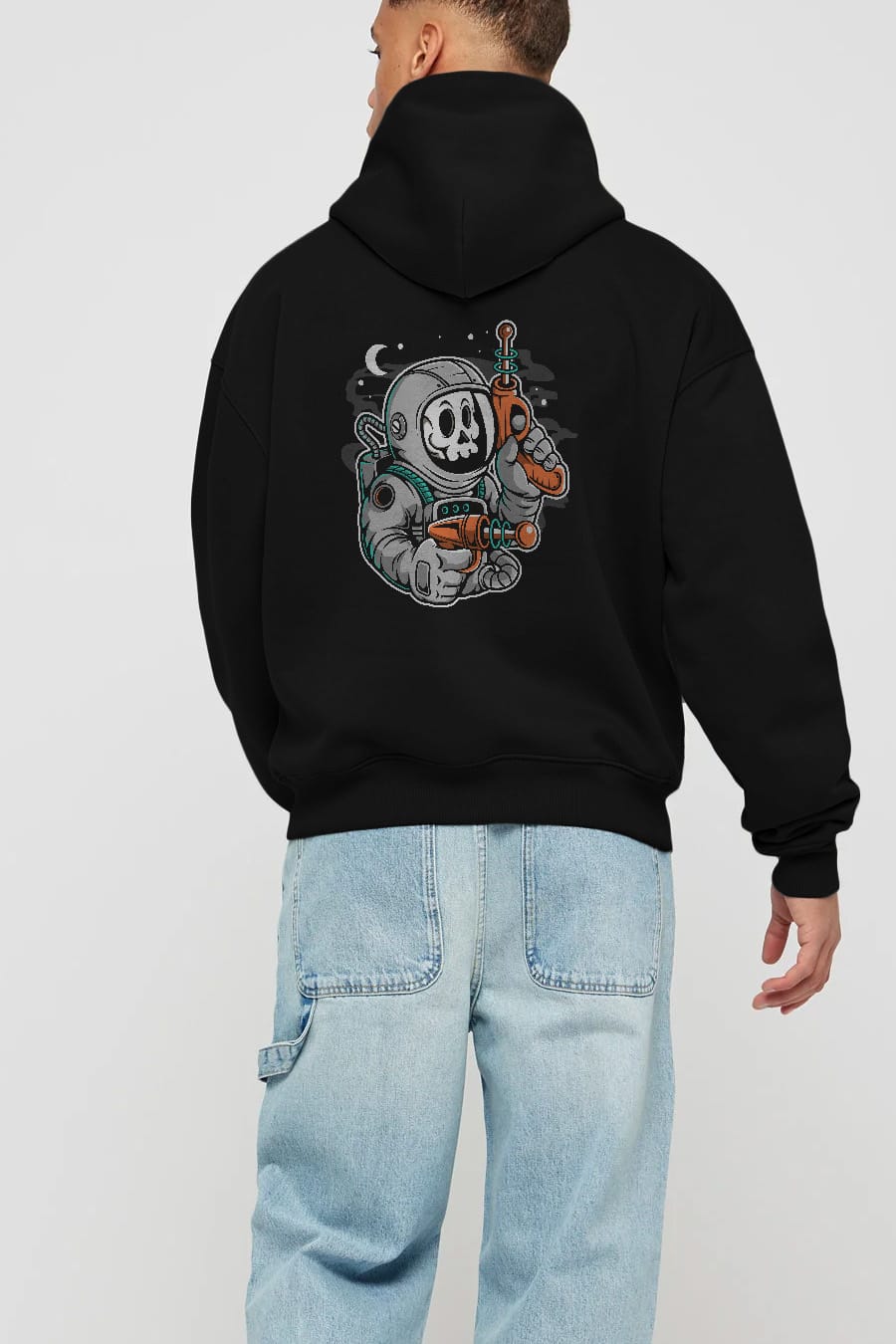 Astronaut Ray Gun Arka Baskılı Hoodie Oversize Kapüşonlu Sweatshirt Erkek Kadın Unisex