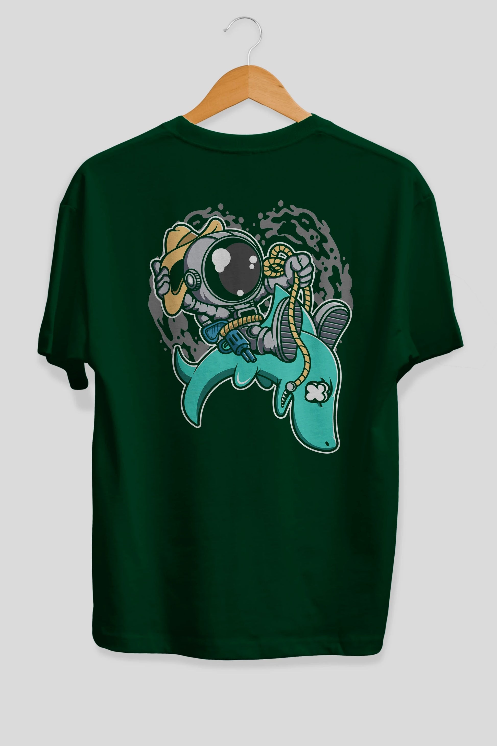 Astronaut Riding Shark Arka Baskılı Oversize t-shirt Erkek Kadın Unisex