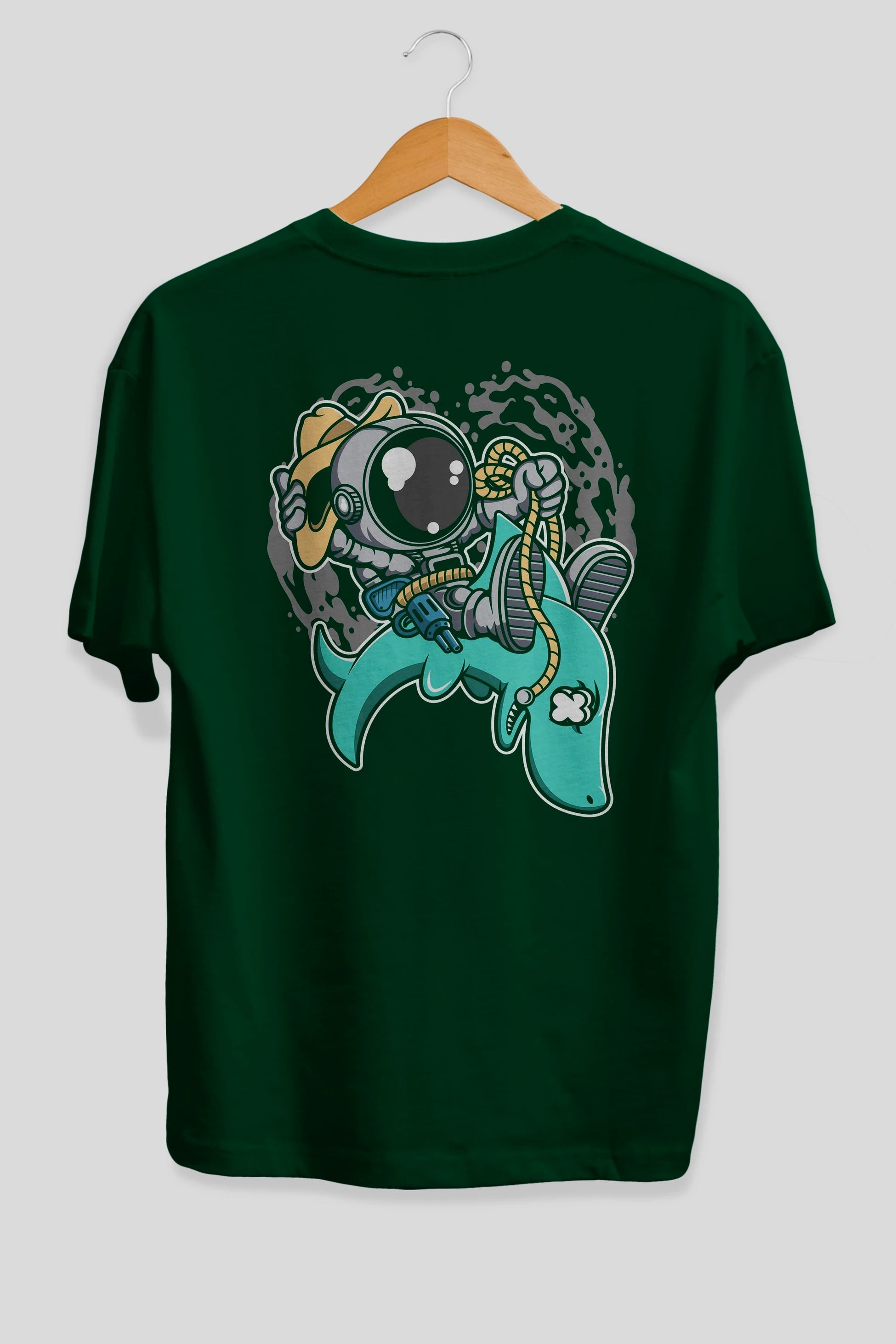 Astronaut Riding Shark Arka Baskılı Oversize t-shirt Erkek Kadın Unisex