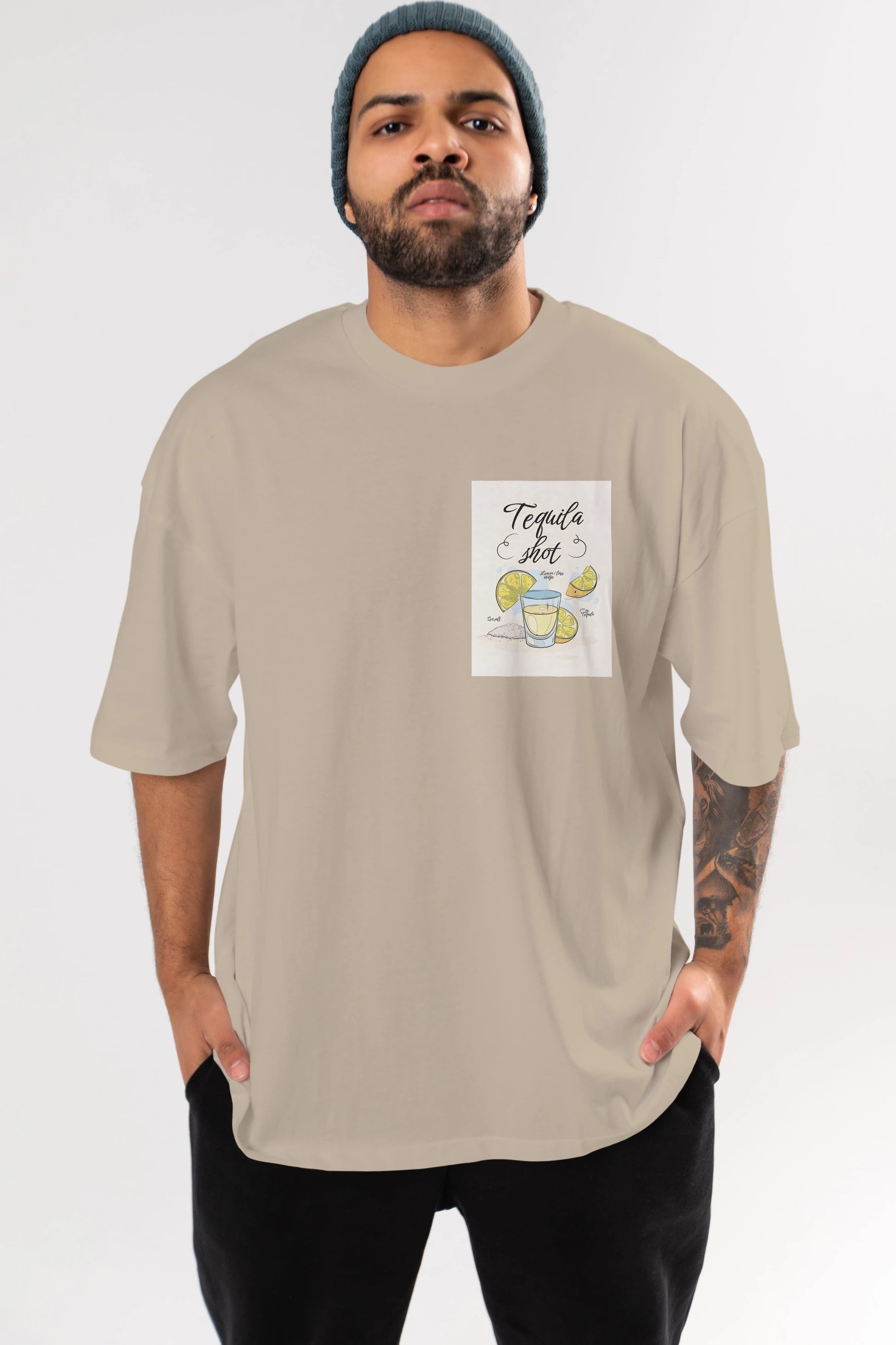 Tequila Shot Ön Sol Baskılı Oversize t-shirt Erkek Kadın Unisex %100 Pamuk Bisiklet Yaka tişort