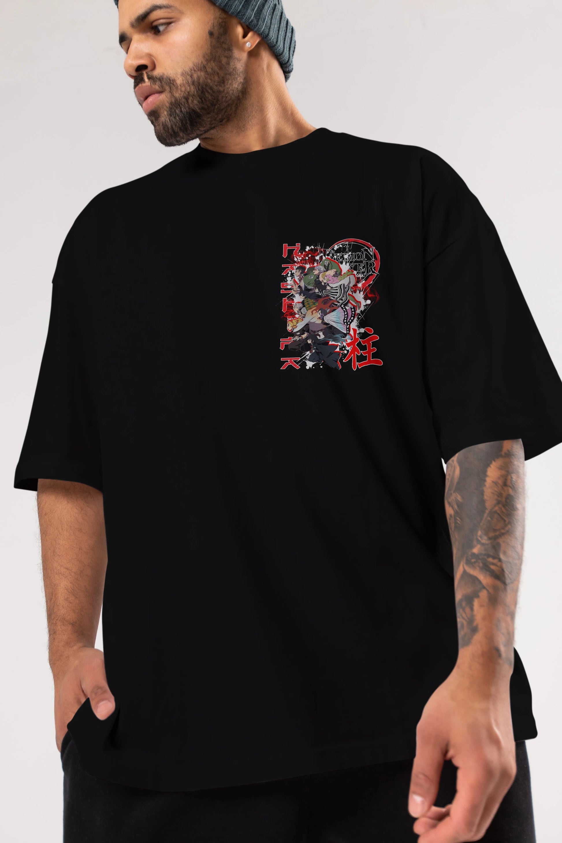 DEMON SLAYER SLAYERS Ön Sol Baskılı Oversize t-shirt Erkek Kadın Unisex %100 Pamuk Bisiklet Yaka tişort