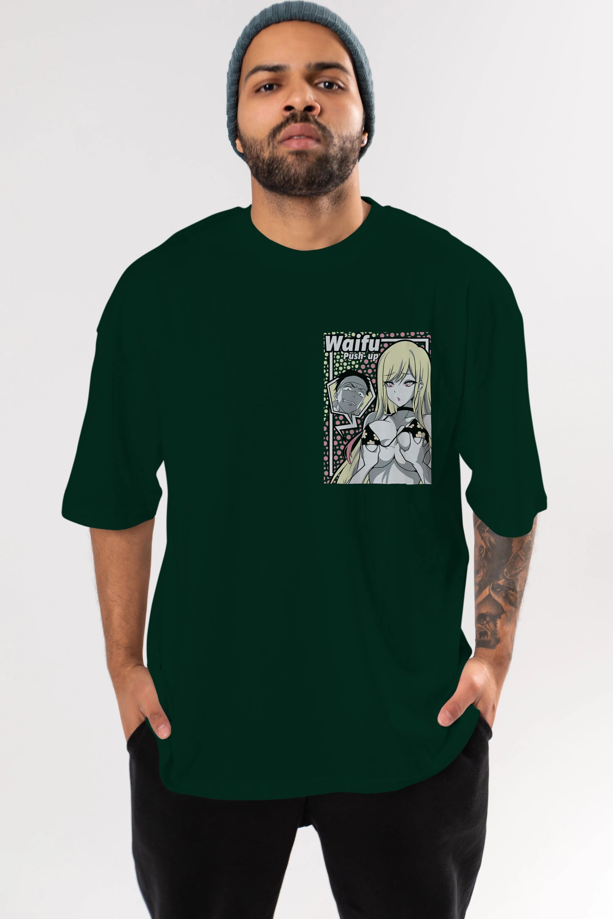 Waifu PushUp Ön Sol Baskılı Oversize t-shirt Erkek Kadın Unisex %100 Pamuk Bisiklet Yaka tişort
