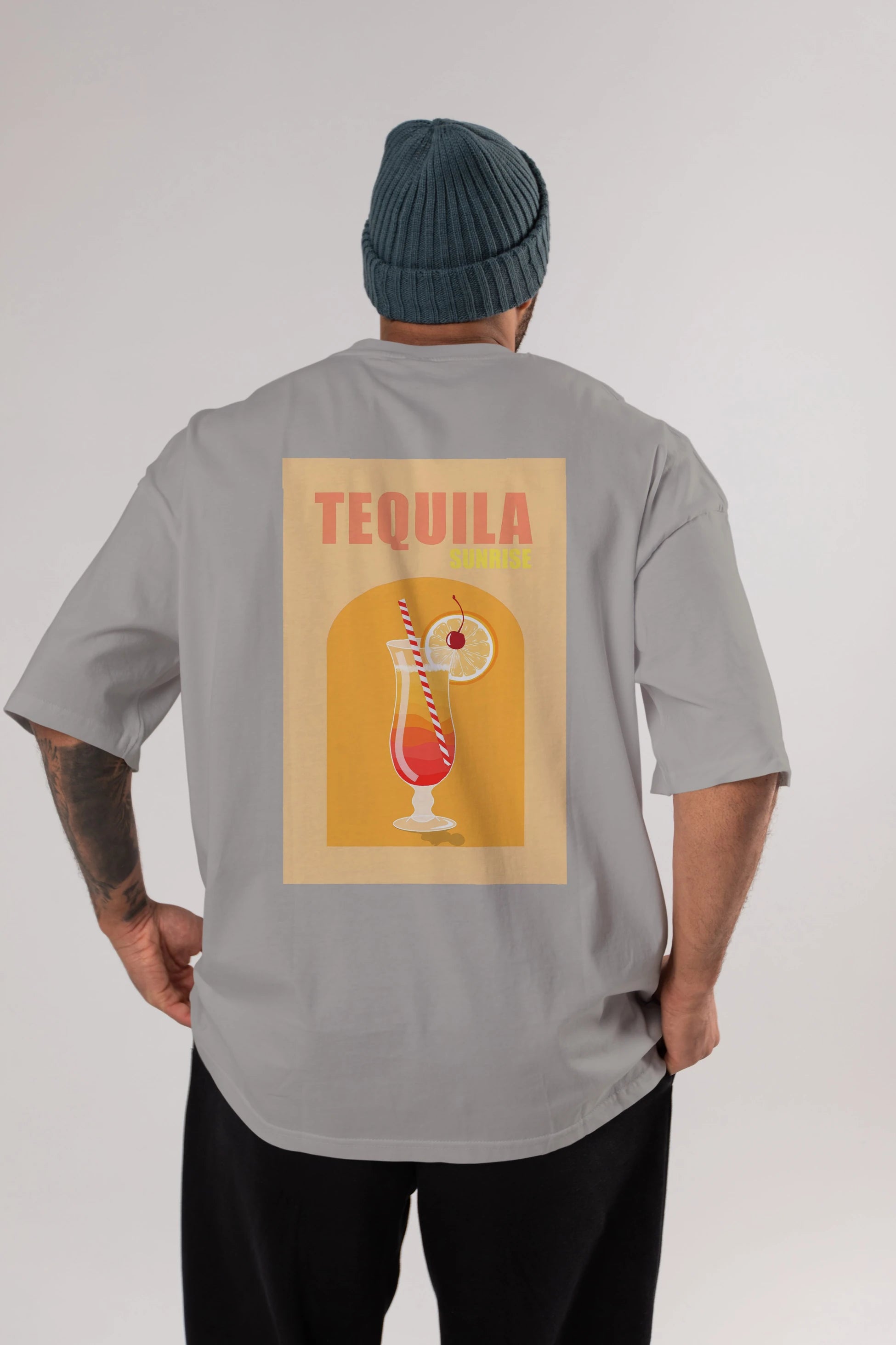 Tequila Sunrise Arka Baskılı Oversize t-shirt Erkek Kadın Unisex %100 Pamuk Bisiklet Yaka tişort