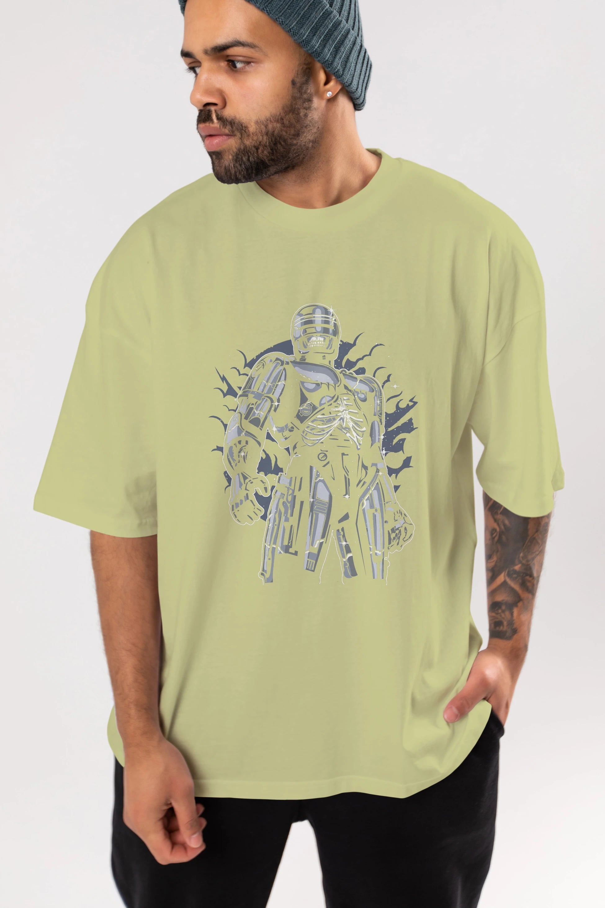 Roboskull Ön Baskılı Oversize t-shirt Erkek Kadın Unisex %100 Pamuk tişort