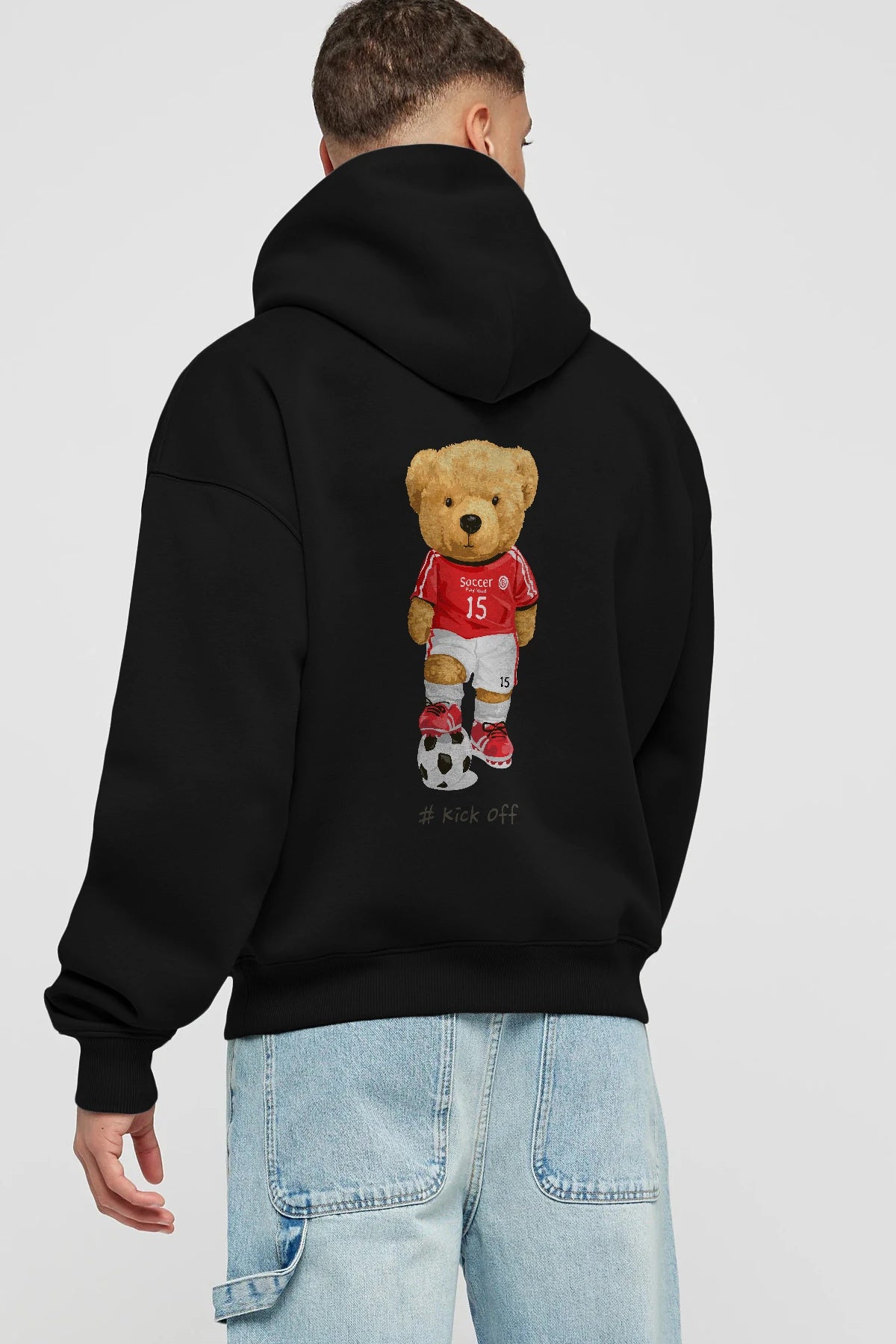 Teddy Bear Kick Off Arka Baskılı Hoodie Oversize Kapüşonlu Sweatshirt Erkek Kadın Unisex