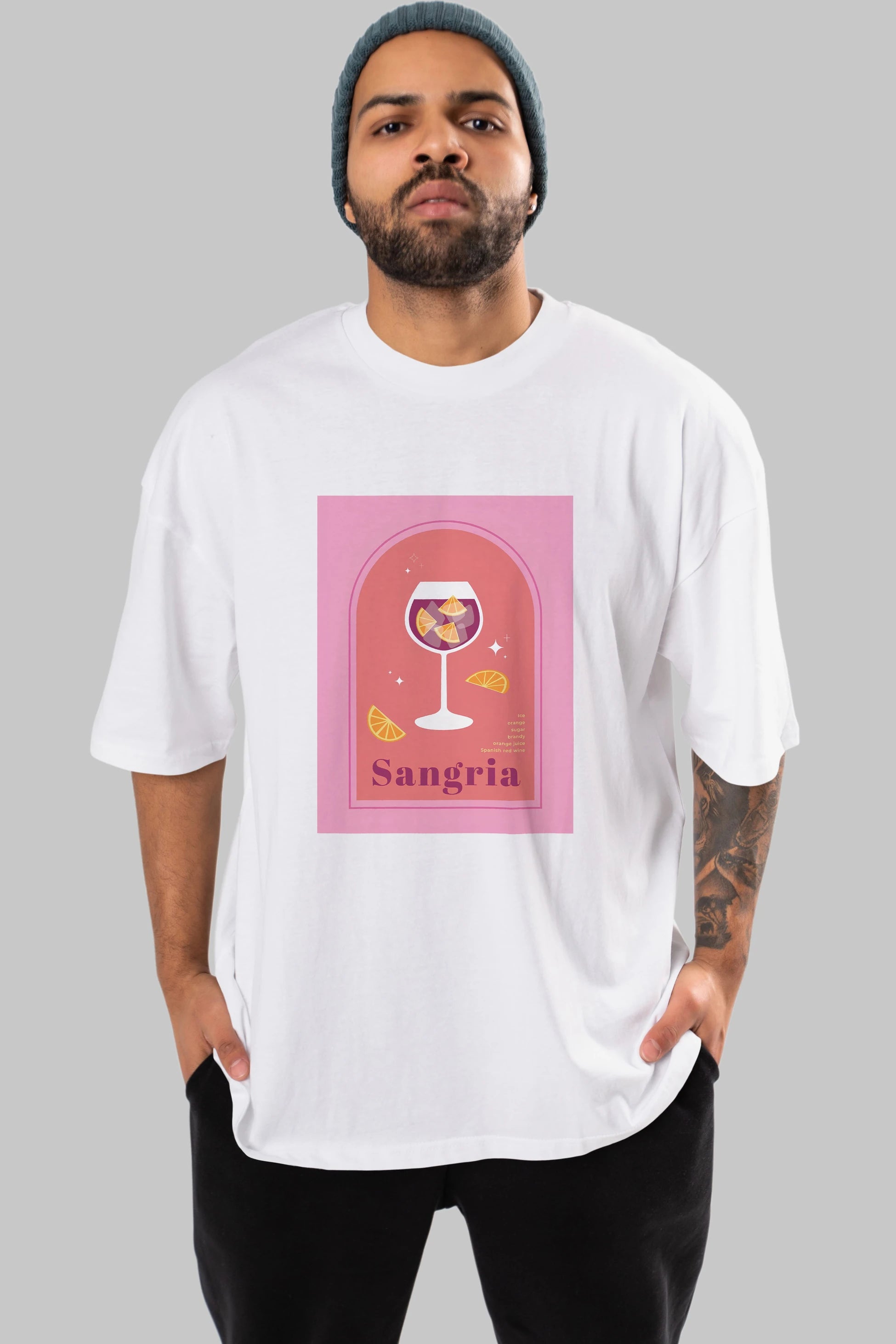 Sangria Ön Baskılı Oversize t-shirt Erkek Kadın Unisex %100 Pamuk Bisiklet Yaka tişort