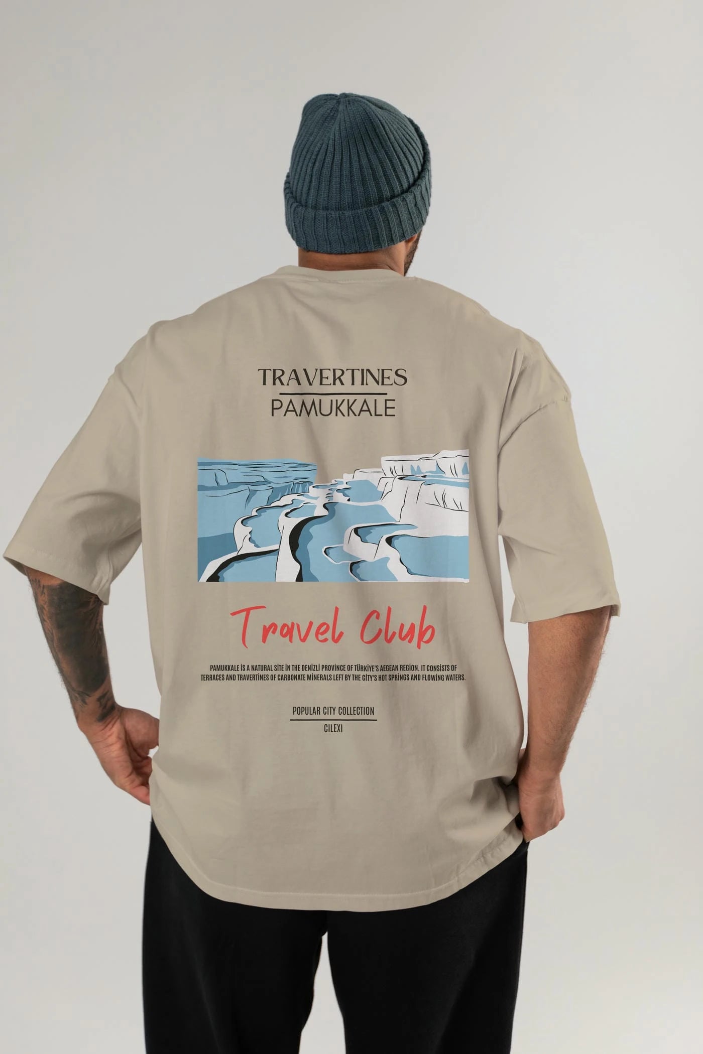 Travertines Pamukkale Arka Baskılı Oversize t-shirt Erkek Kadın Pamuk Bisiklet Yaka tişort