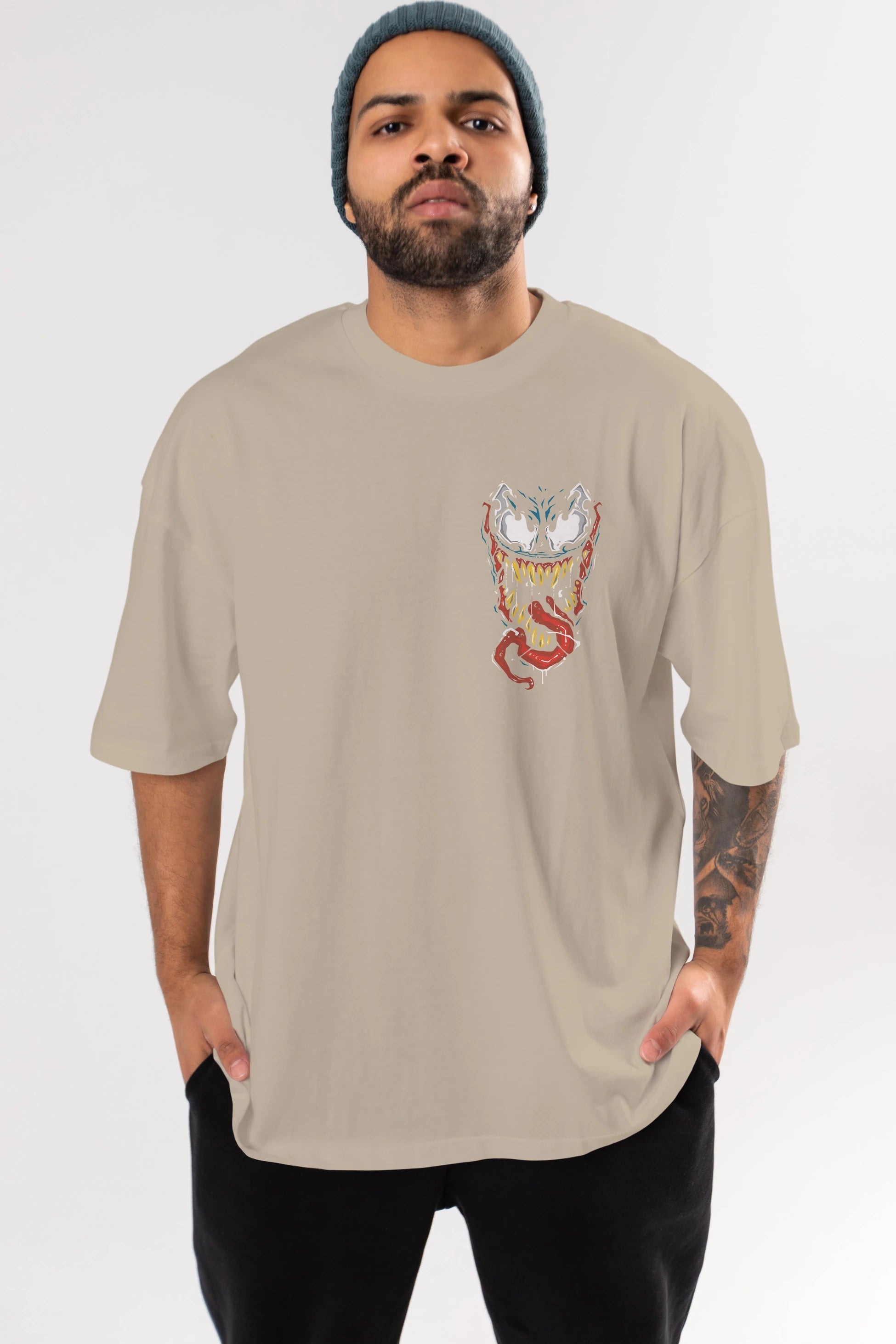 Venom (15) Ön Sol Baskılı Oversize t-shirt Erkek Kadın Unisex %100 Pamuk Bisiklet Yaka tişort