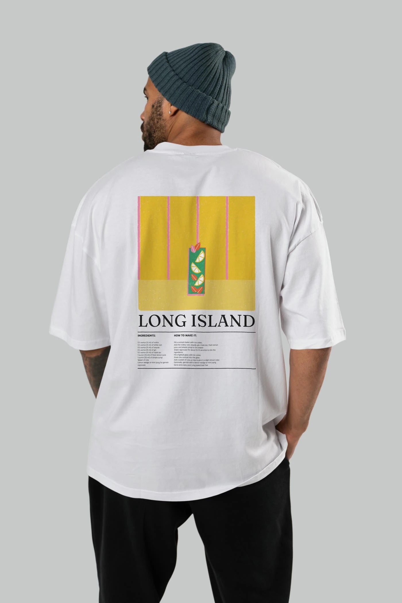 Long Island Kokteyl Serisi Arka Baskılı Oversize t-shirt Erkek Kadın %100 Pamuk Bisiklet Yaka tişort