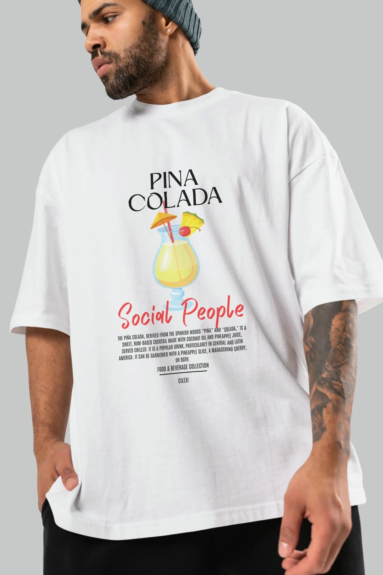 Pına Colada Kokteyl Serisi ön Baskılı Oversize t-shirt Erkek Kadın %100 Pamuk Bisiklet Yaka tişort